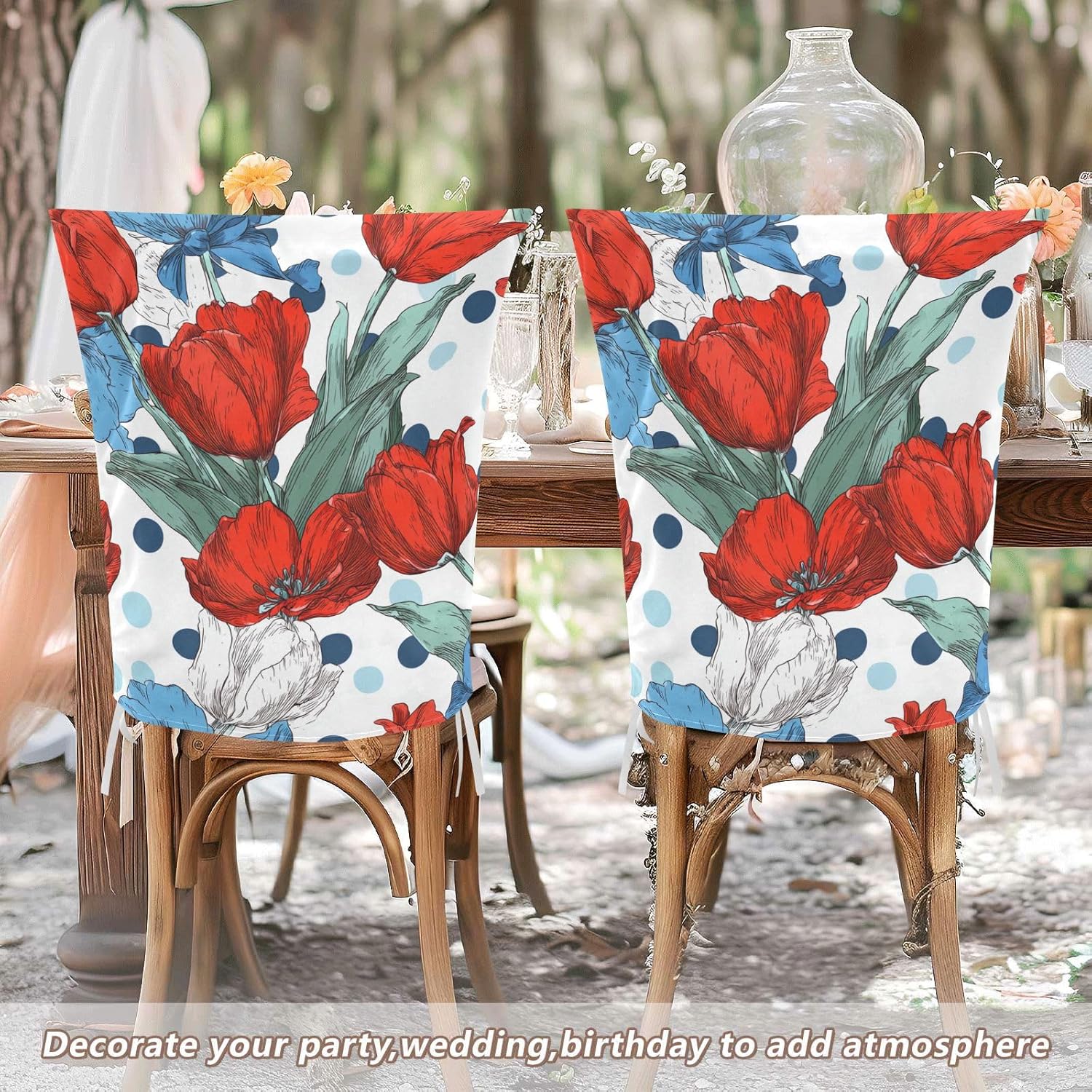 ALAZA Tulips Flowers Bows Polka Dots Chair Back Cover Set of 6, Washable Reusable Removable Chair Slipcovers Decorative Chair Cover for Home Kitchen Wedding Party