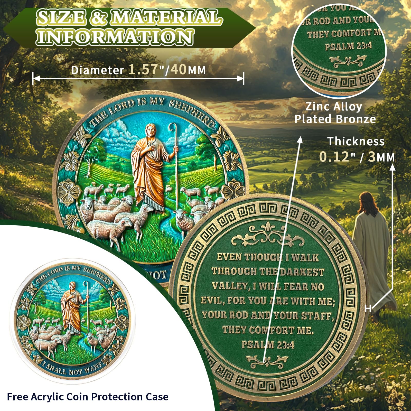 The Good Shepherd Christian Coin, Psalm 23:4 Bible Verses Coin - Bronze Christian Prayer Pocket Token - Religious Gifts for Men Women - Image 4
