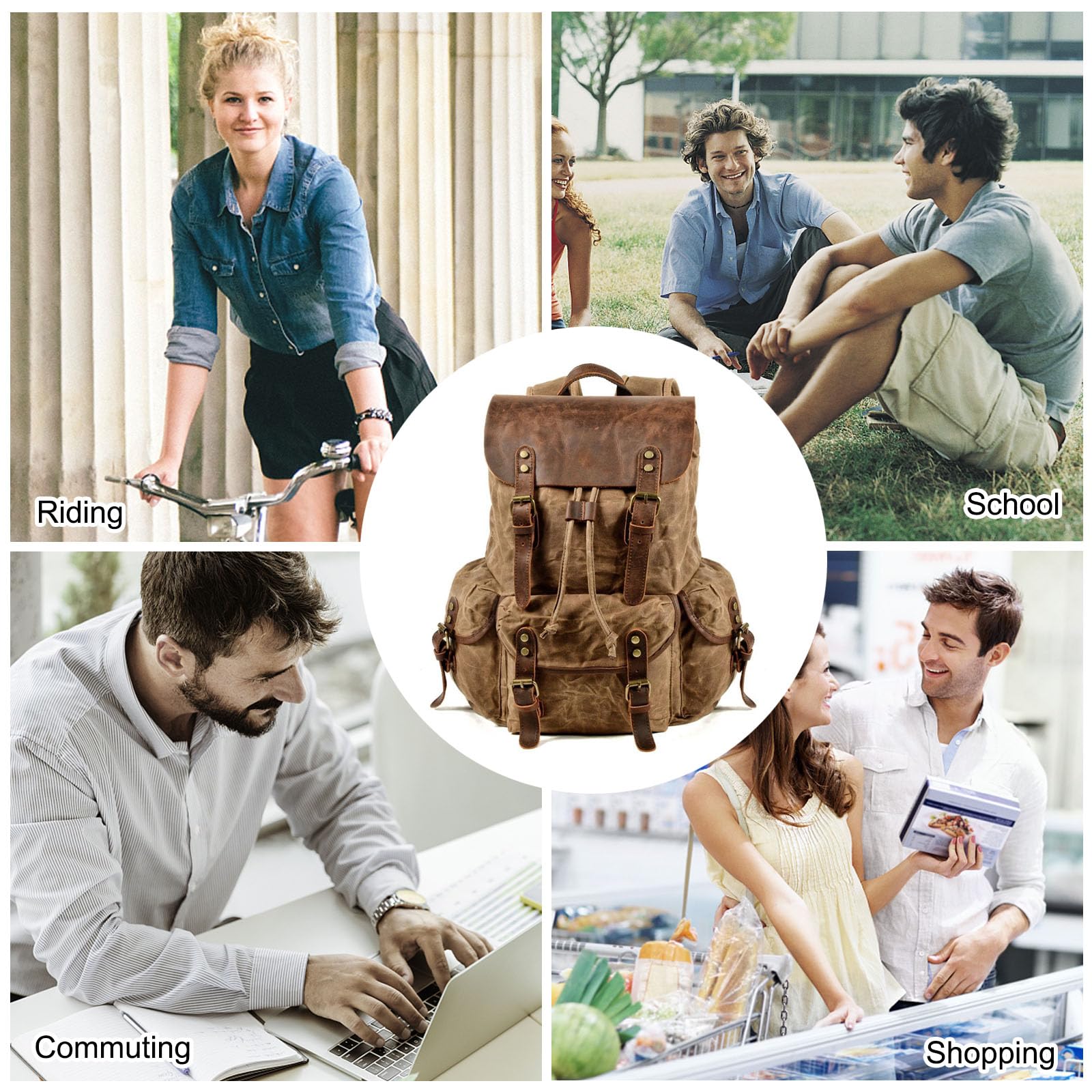 FANDARE Leinwand Wanderrucksack Herren Damen Wanderrucksäcke Sports & Outdoor Rucksack mit Kordelzug Trekkingrucksack Reiserucksack für Wandern Radfahren Klettern Bergsteigen und Reisen Khaki