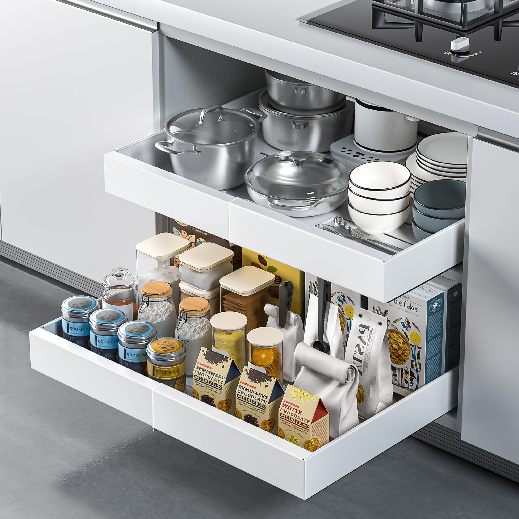 Expandable Pull Out Cabinet Organizer Adhesive, Peel And Stick Slide Out Drawers for Kitchen Cabinets, 2pack Cabinet Pull Out Shelves For Kitchen Pantry Organization Adjustable Width 12.2"-20.47"White