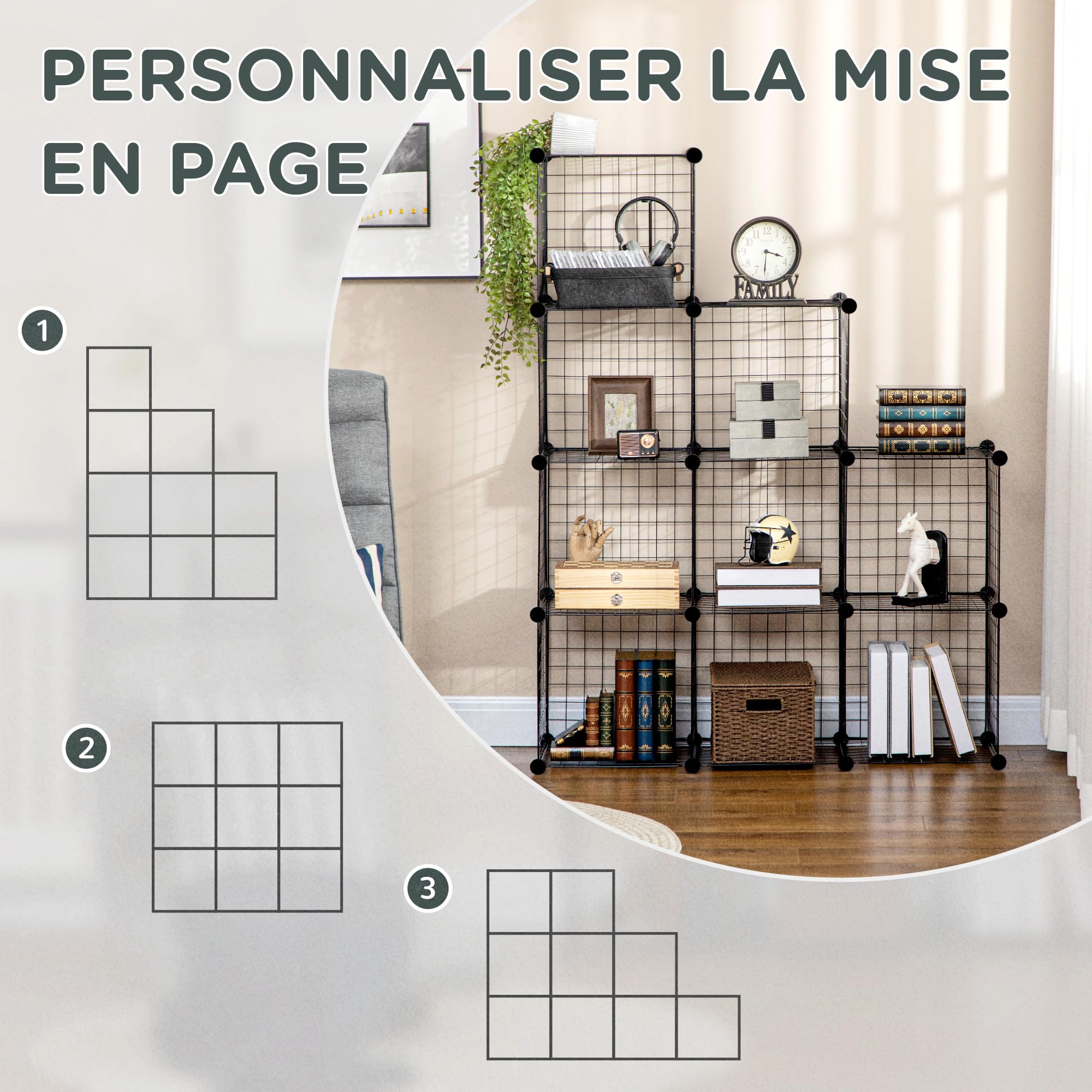 HOMCOM Étagère Modulable Meuble de Rangement Cube 9 Compartiments Noir | Étagère Cube DIY en Treillis Métallique, pour Salon, Chambre à Coucher