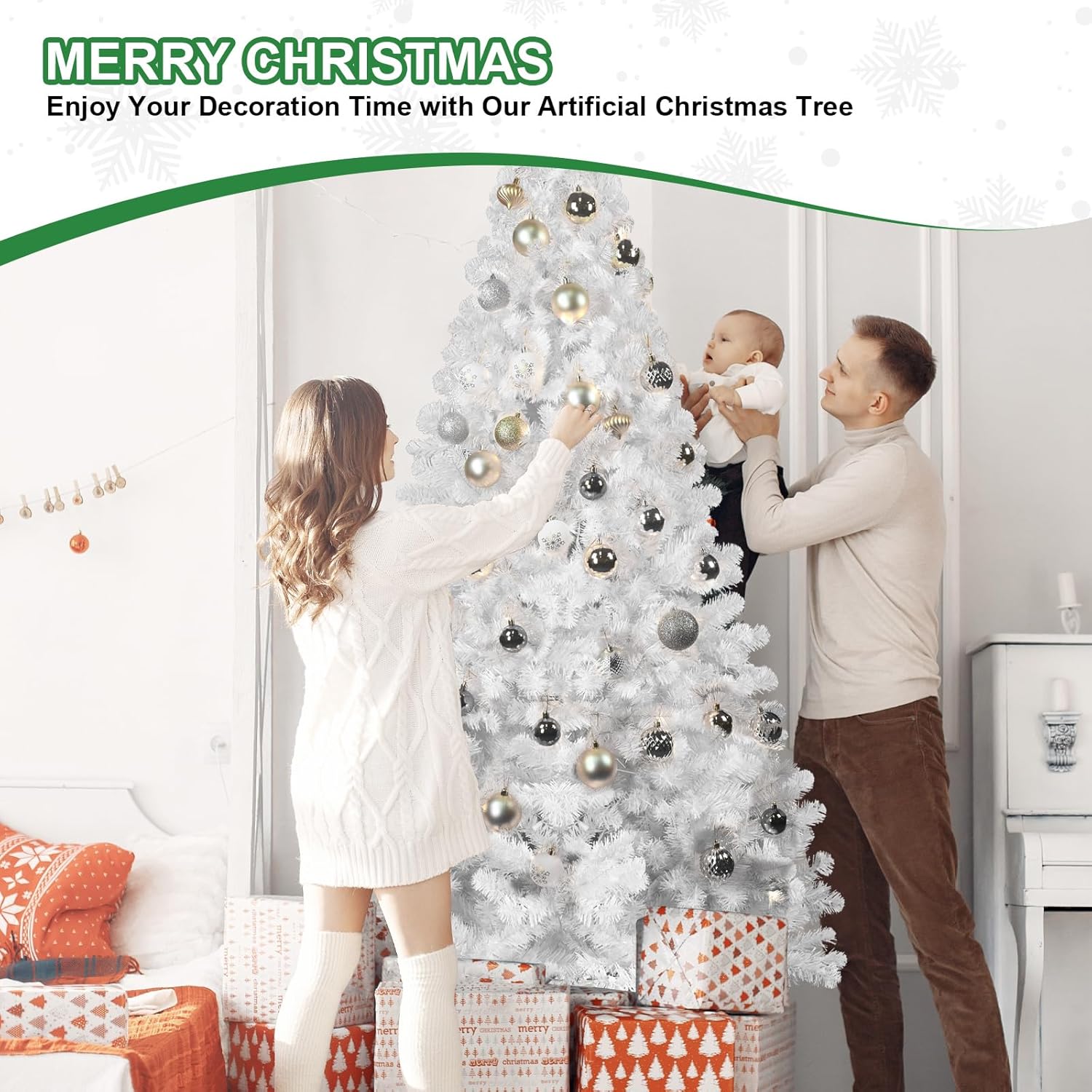 8ft White Christmas Tree with Memory Wire – 1430 Tips, Hinged Artificial PVC Tree, Easy Assembly Holiday Xmas Tree for Indoor Decor