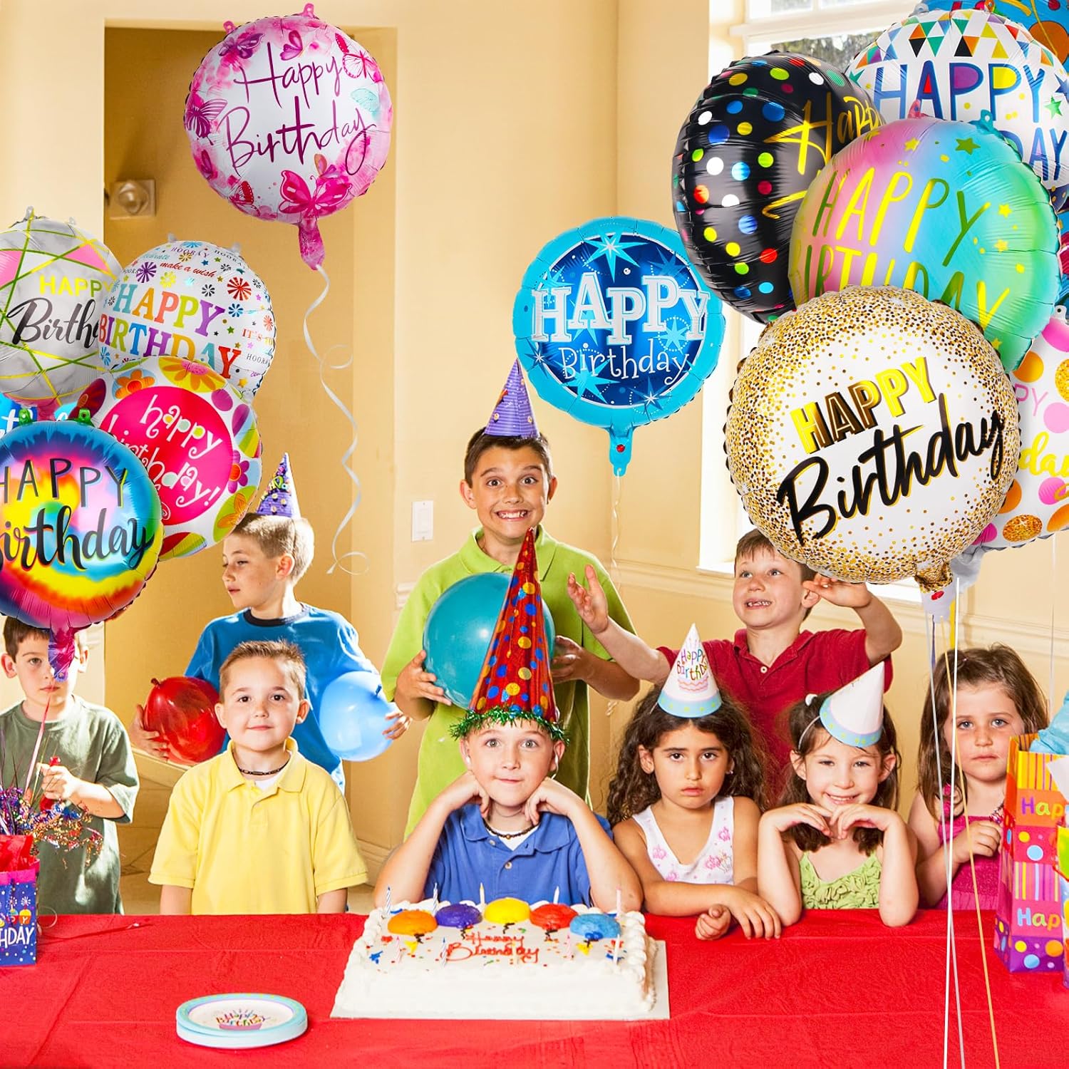 100 Pcs Happy Birthday Aluminum Foil Balloons for Birthday Party Decoration Supplies, 18 Inches Round Helium Floating Mylar Balloon (20 Patterns)