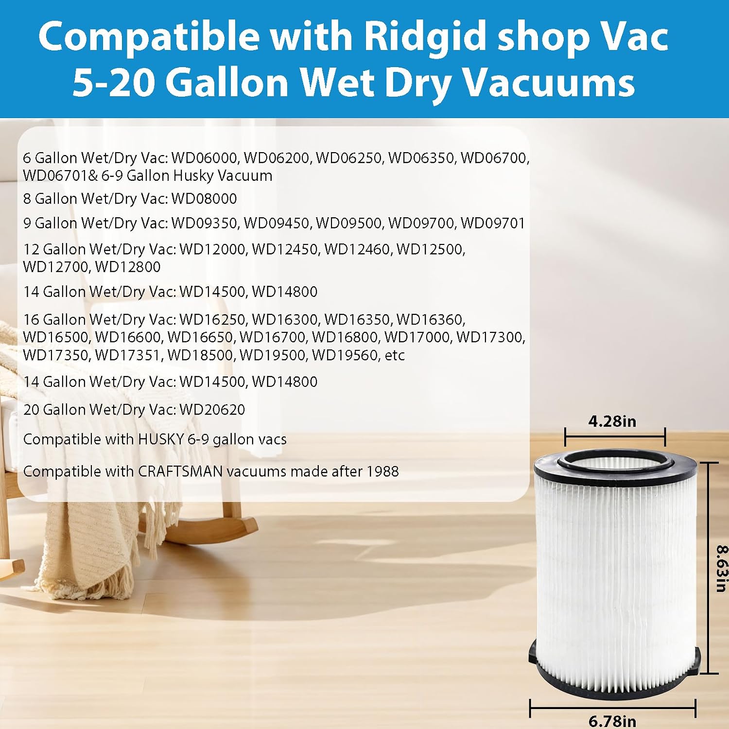 vf4000 replacement filter for ridgid 72947 5-20 gallon wet/dry vacuums & husky 6-9 gallon vacuum, replacement vf4000 filter 1-pack filter