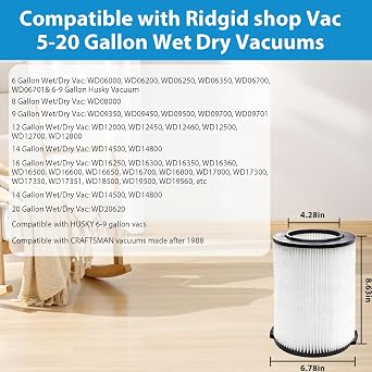 VF4000 Replacement Filter for RIDGID 72947 5-20 Gallon Wet/Dry Vacuums & Husky 6-9 gallon Vacuum, Replacement VF4000 Filter