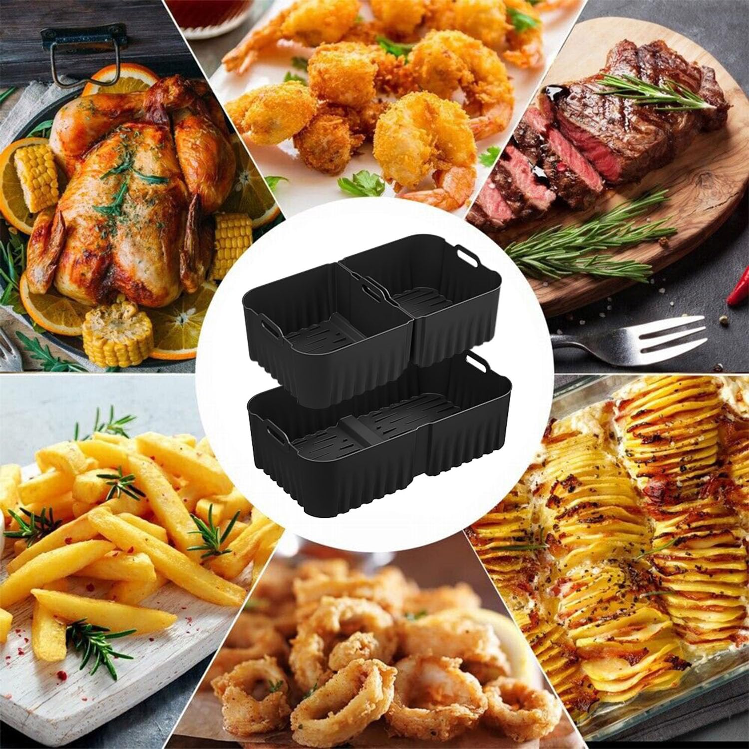 Heißluftfritteusen Zubehör, Airfryer Zubehör für Ninja Foodi AF500EU 10,4 L, Air Fryer Silikonmatte, 1 x 10,4 L und 2 x 5,2 L Airfryer Silikon Einsatz, Dual Zone Ninja Airfryer Zubehör
