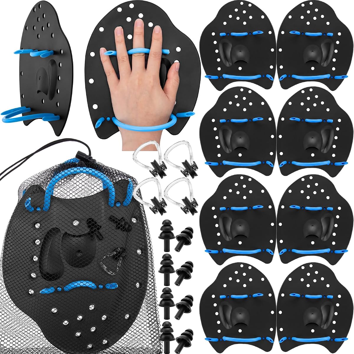 4 Pack Swim Hand Paddles for Lap Swimming, Swim Paddle with Drainage Hole, Adjustable Strap, Mesh Bag, Nose Clip, Ear Plug, Swimming Training Gear for Adults Unisex