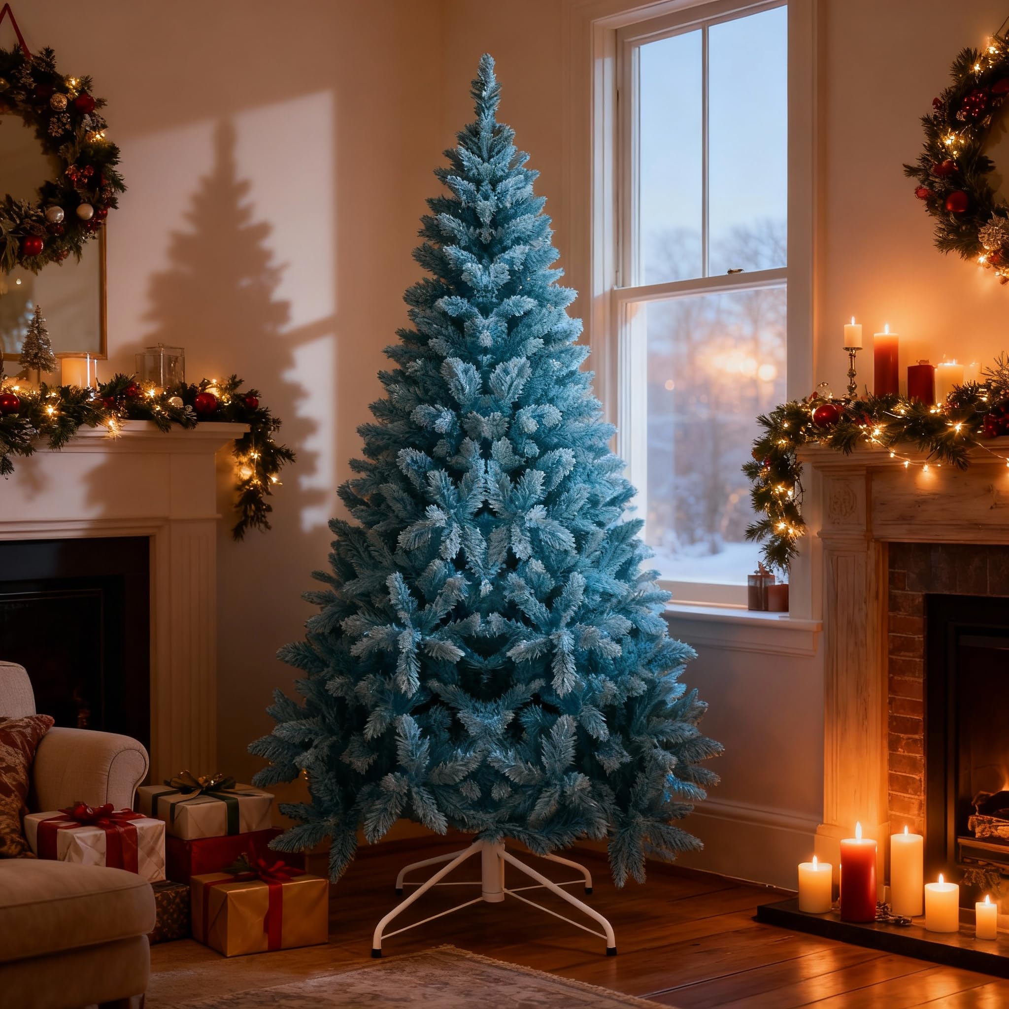 Sapin de Noël Artificiel floqué Bleu de 2,1 m avec Support en métal Pliable 1084 Branches articulées pour décoration de Maison