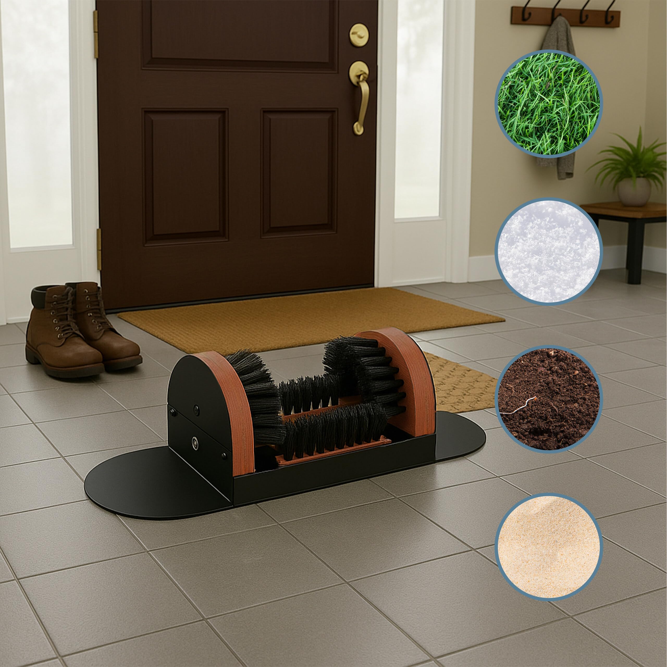 Relaxdays Pulisci Scarpe Ingresso con 3 Spazzole, Pulizia Sneaker e Suola Stivali, Tappetino Esterni, Setole, Marrone