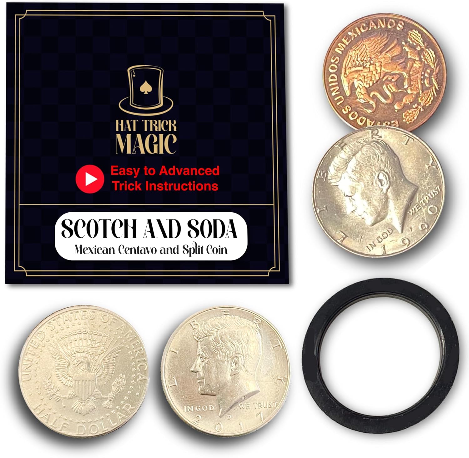 Scotch and Soda Mexican Centavo Coin Trick Set with Bang Ring – Centavo with Expanded Shell Edition, Gaffed Coins for Easy Magic
