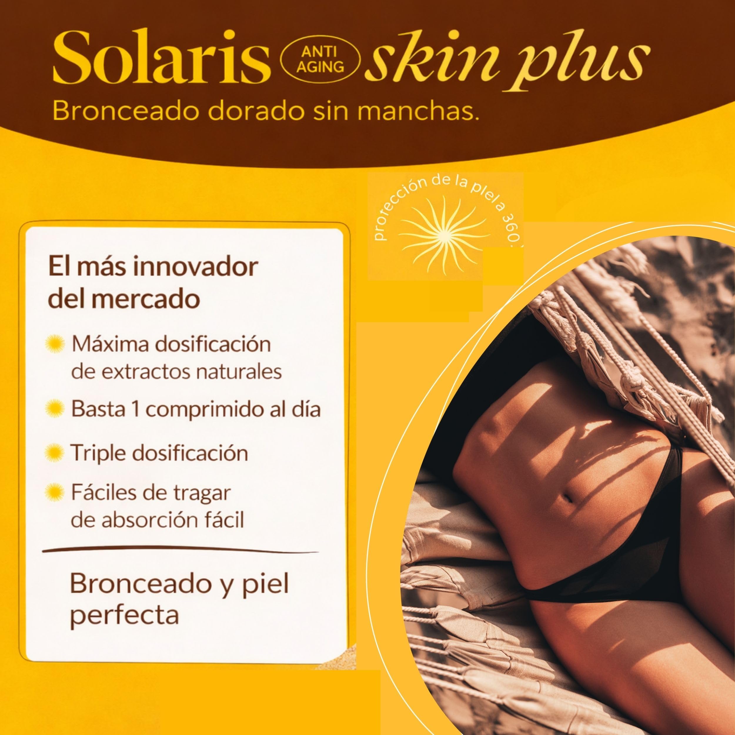 Acelerador del Bronceado con Betacaroteno – Pastillas Bronceadoras – El Único con Colágeno y Ácido Hialurónico – Licopeno, Vitamina E, Cobre y Selenio – 120 Comprimidos – Solaris Skin Plus