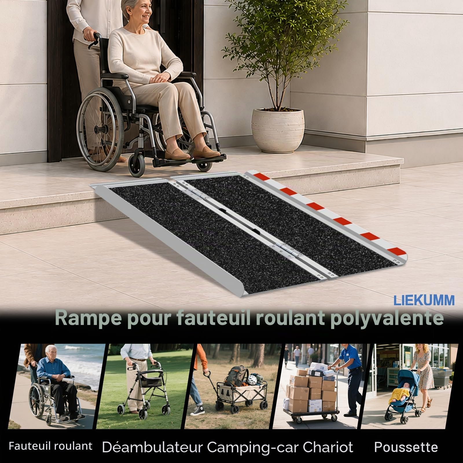 LIEKUMM Rampe de Fauteuil Roulant, 91 x 72 cm Rampe Acces Handicapé, Rampe avec surface antidérapante en aluminium, Rampe Handicapé, pour Marches