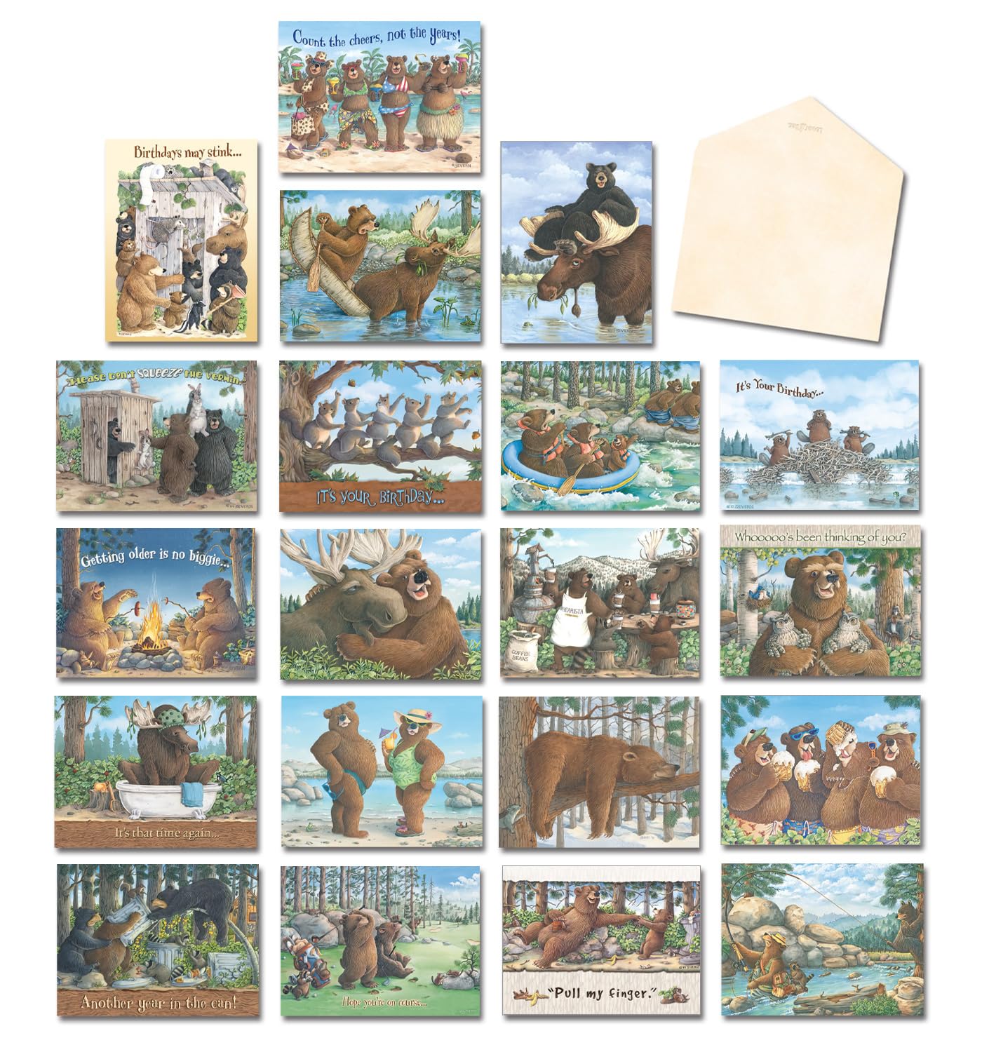 Leanin' Tree, Laughing Bear Art, Greeting Cards Assortment Box, Assorted Cards with Envelopes All Occasion, (20 Funny Cards, 22 Colorful Envelopes)