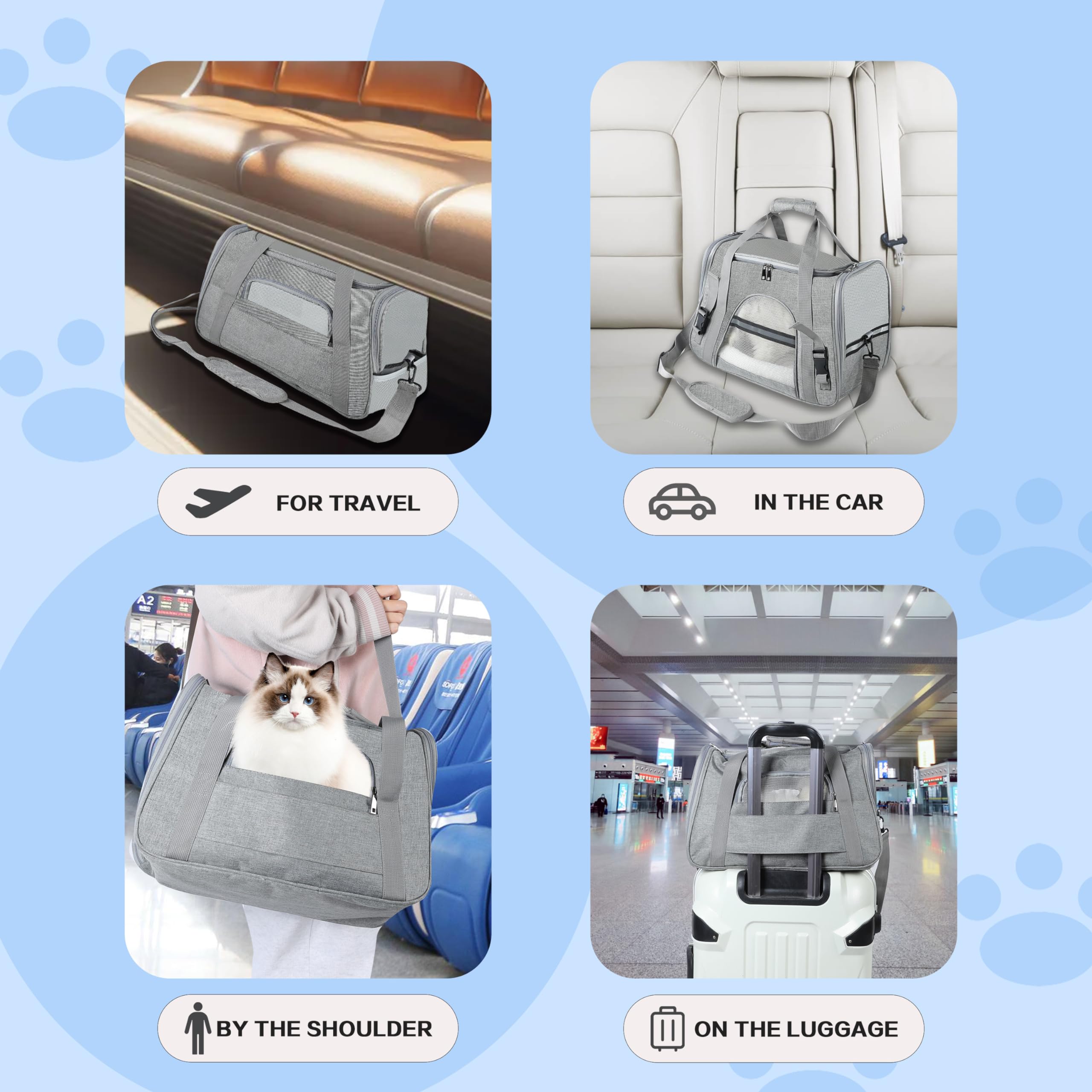 FluffyDream Haustier-Reisetasche, weiche Seiten, tragbare Tasche für Katzen, kleine Hunde, Kätzchen oder Welpen, faltbar, langlebig, von Fluggesellschaften zugelassen, reisefreundlich (grau, 43,2 cm L