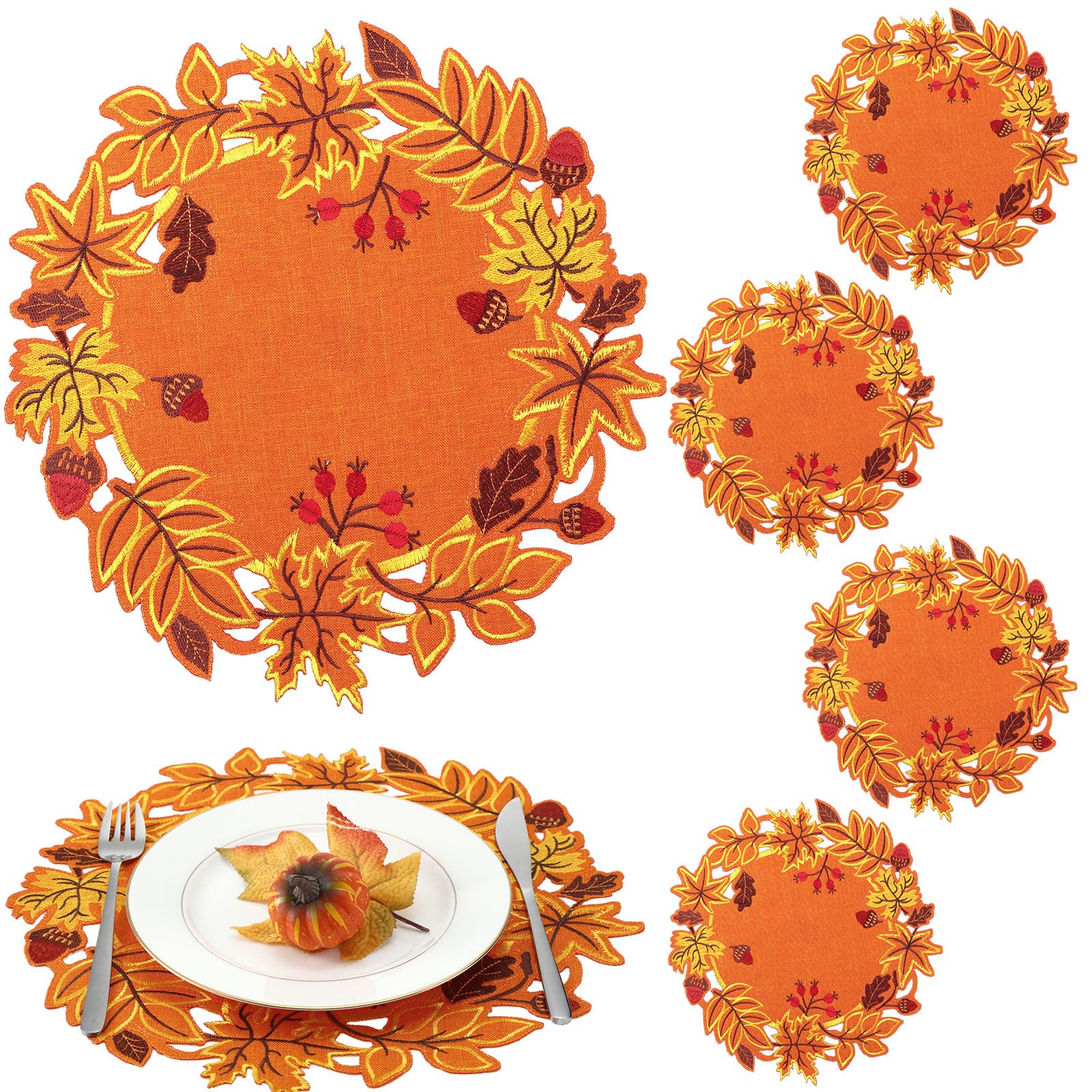 Yingzhao 6 Pcs Harvest Fall Placemat Embroidered Maple Leaves Placemats Double Layer Placemats Autumn Maple Leaf Table Mats Cutwork for Thanksgiving's Day Home Dinner Holiday Party Decoration