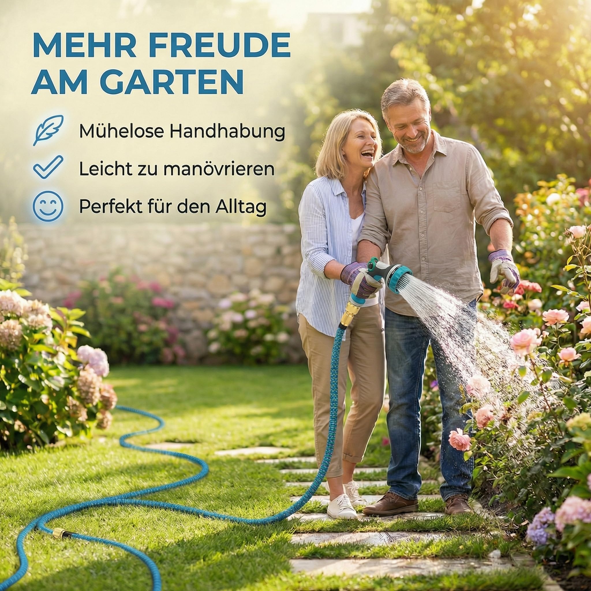 TIREX by xonic® Flexibler Gartenschlauch mit 10 verschiedenen Strahlarten – leichter Wasserschlauch flexibel mit 3-fach Latexkern – dehnbarer Flexschlauch/Gartenschlauch flexibel (Blau, 7,5m)