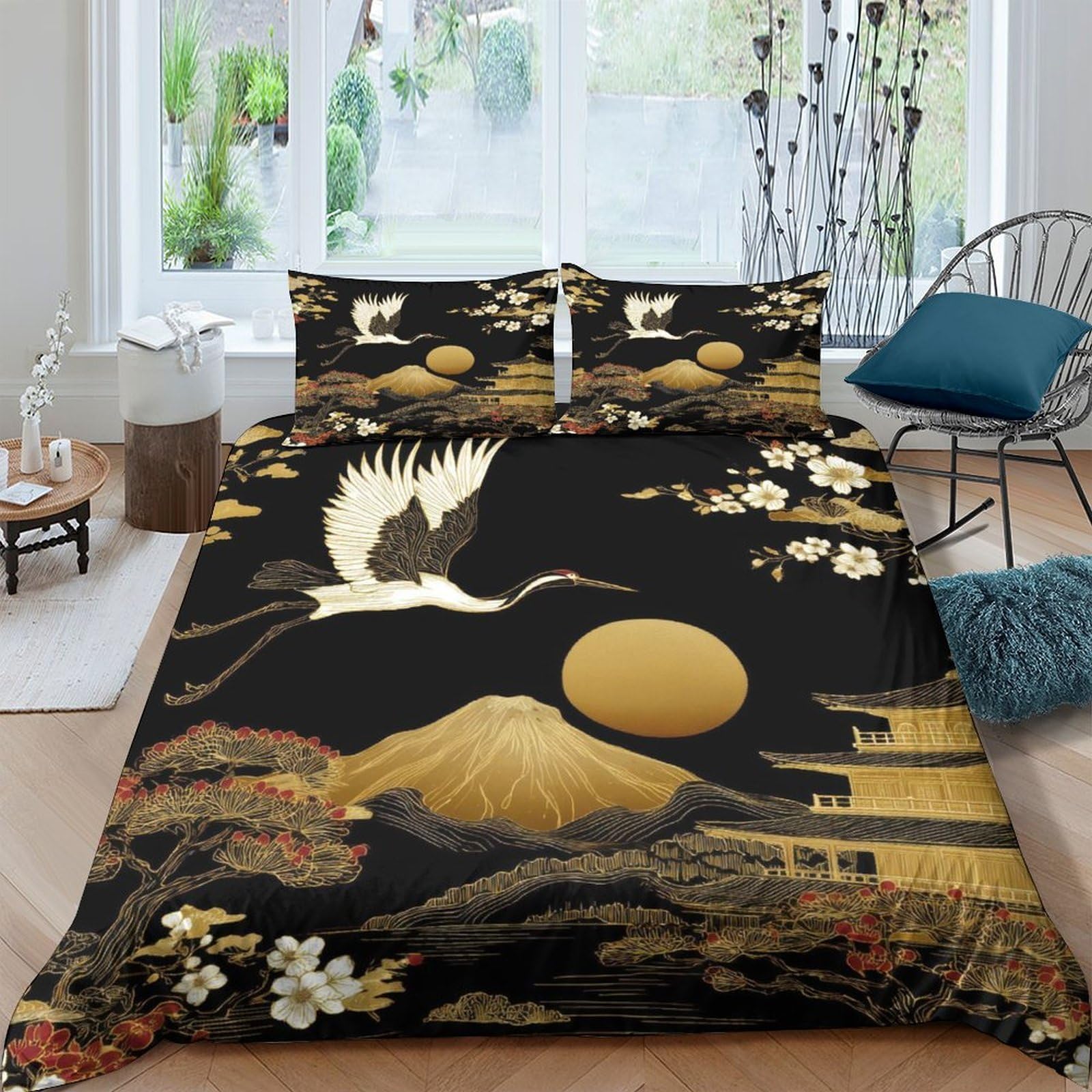 Ctjqhvkz Style-2 3D Printed Japanese Crane Fitted Sheet Microfiber Artistic Golden Sun Bed Cover For Bedroom Decor Dust Protection Single（135X200cm）