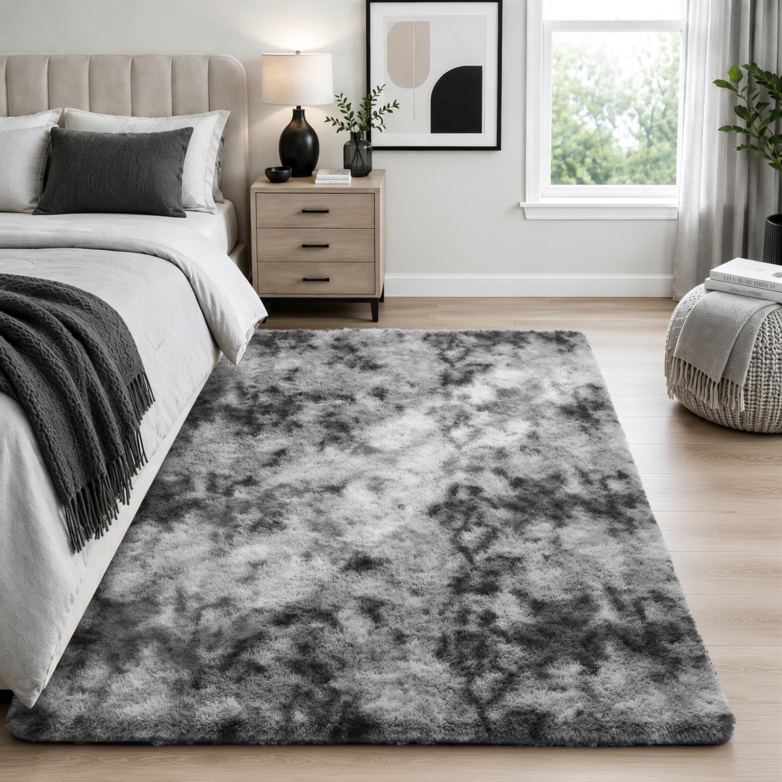 Ophanie Tie-Dyed Grey Area Rugs for Bedroom Living Room, Light Gray Fluffy Shag Fuzzy Carpet,Plush Shaggy Rug,4x6 Indoor Carpet for Kids Boys Dorm Home Decor Aesthetic, Nursery with 99 pcs Pile fibers