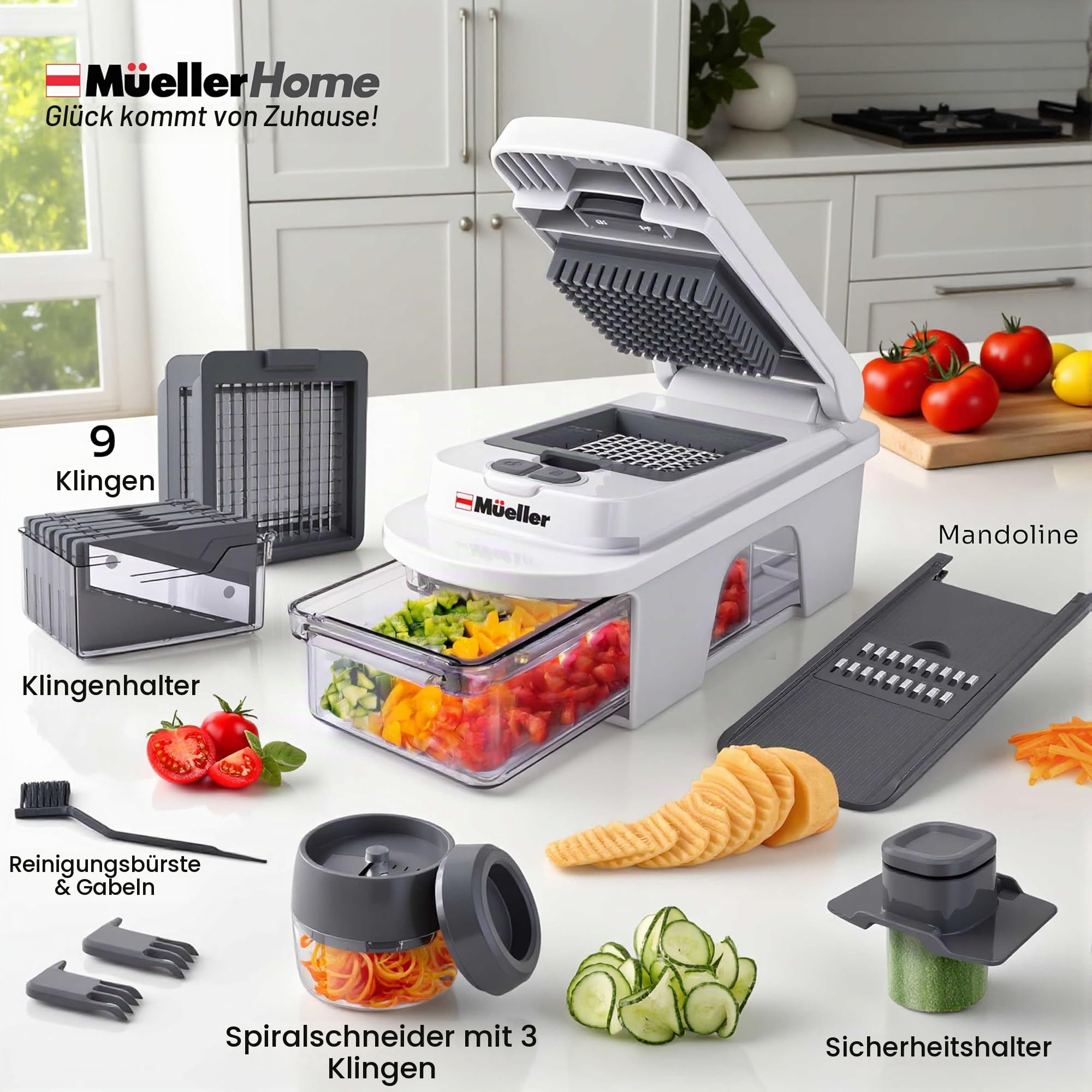 Müller Pro-Serie All-in-One, 12-Klingen-Mandoline-Hobel für Küche, Gemüseschneider, Gemüsehobel und Spiralschneider, Cutter, Dicer, Reibe, Küchenhelfer-Sets mit Behälter, Weiß Sand/Grau Küche, Haushalt & Wohnen