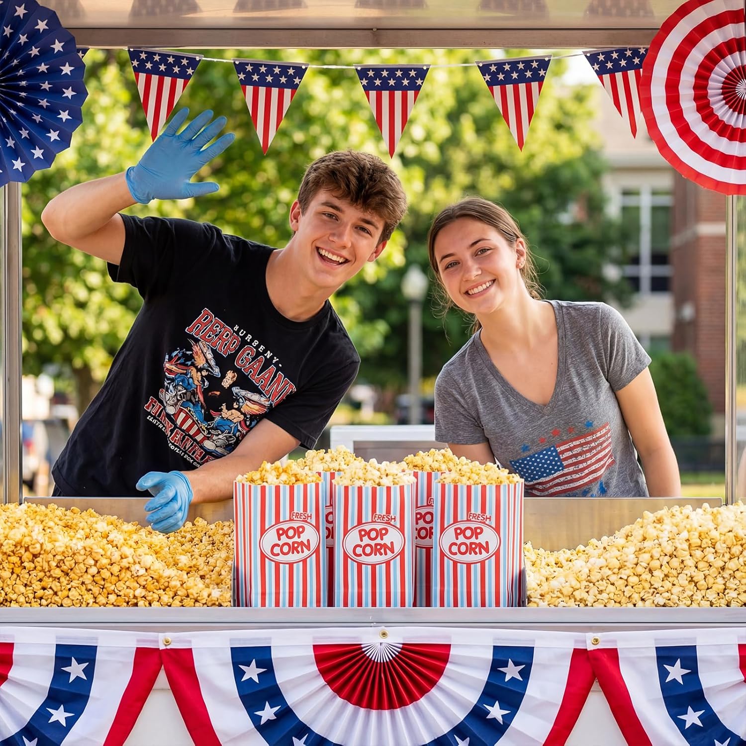 Potchen Paper Popcorn Bags Bulk 2 oz Large Individual Servings Popcorn Bags Flat Bottom Disposable Container Sleeve Vintage for Movie Night Themed Party Carnival Supplies (200 Pcs,Red Blue)