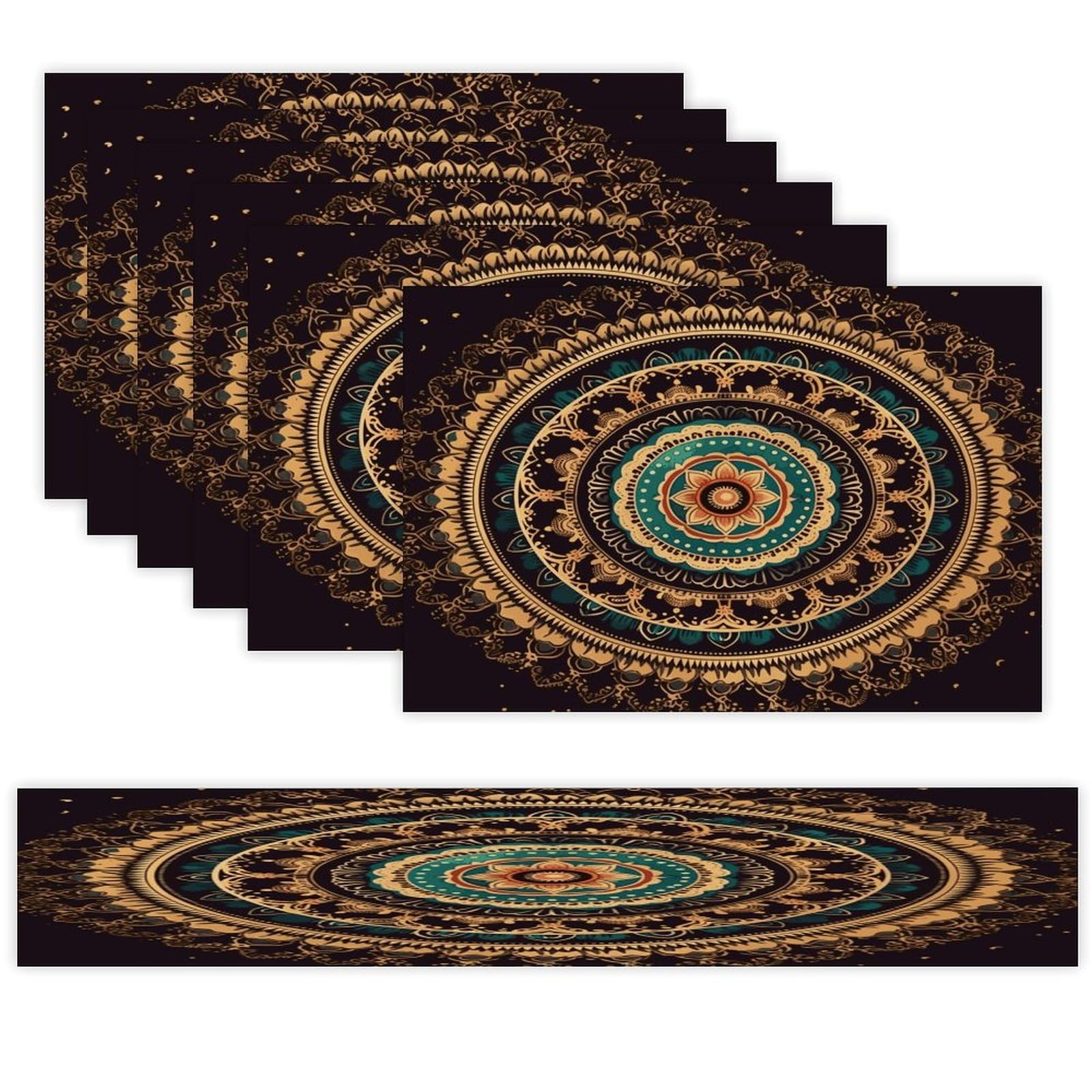 Mandala Table Runner and Placemats Set of 6 Heat Resistant Table Runner Place Mats Modern Cloth Table Mat Washable Linen Placemat Festive Reusable Set