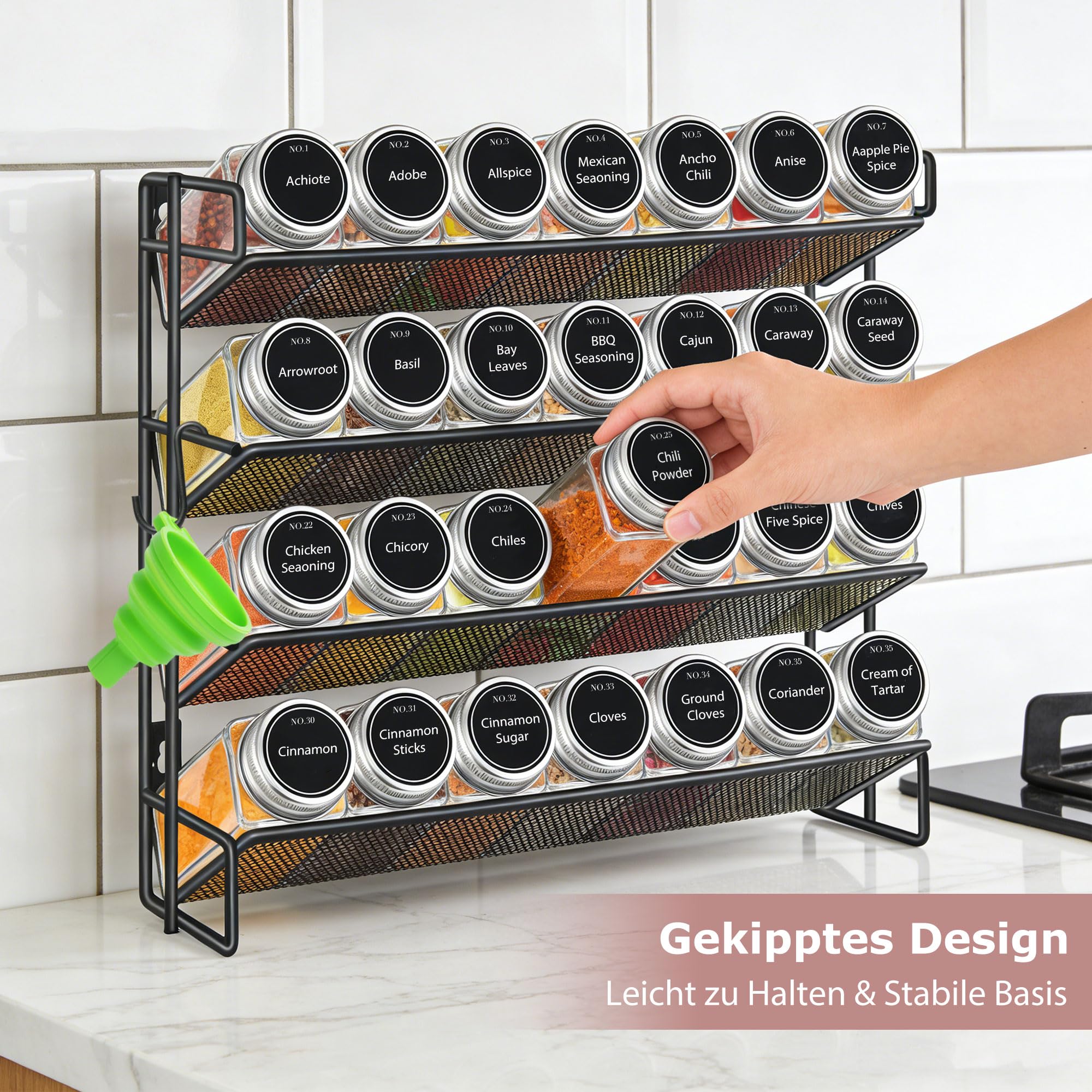 4 Stöckiges Gewürzregal Stehend & Wand 28 Leere Gewürz Organizer mit Gestell und 432 Gewürzetiketten, Spice Rack Gewürzregal Ohne Bohren für Küchen, Schrank, Speisekammer (Packung mit 2)