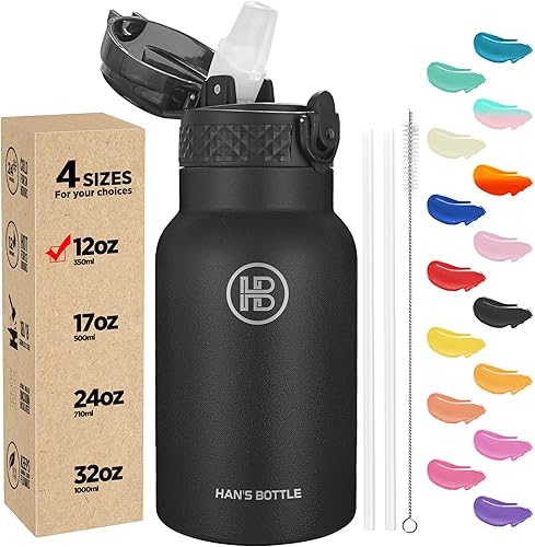 Han's Bottle Botella de agua para niños con tapa con pajilla, vaso reutilizable de acero inoxidable aislado para niños pequeños, niñas, niños, taza
