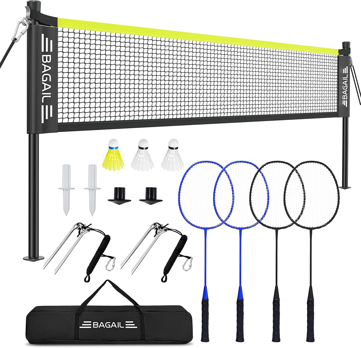 BAGAIL Outdoor Badminton Net Set with Anti-Sag Winch System - Official Size 20ft x 5ft, 4 Rackets, 3 Shuttlecocks, Durable PE Net & Carry Bag for Backyard, Beach, Family Games