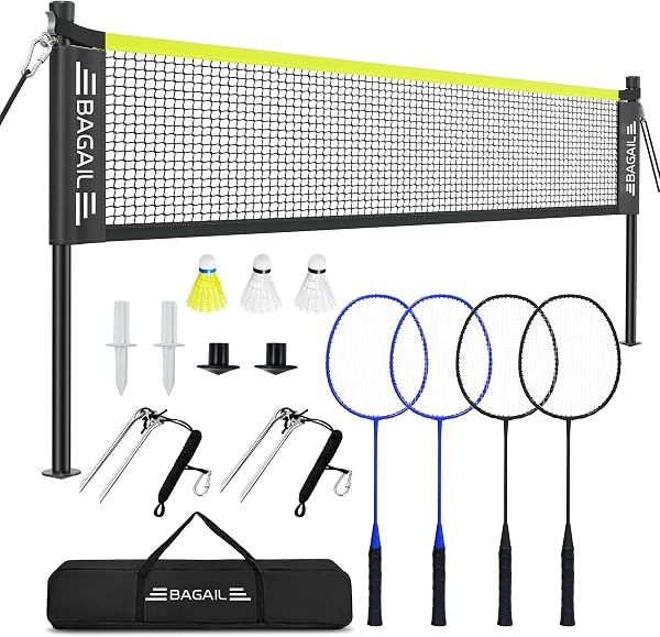 BAGAIL Filet de Badminton pour l'extérieur -Taille Officielle 20ft x 5ft, 4 Raquettes, 3 Balles de Badminton, Filet PE durable et Sac de Transport pour l'arrière-cour, la Plage et les Jeux en Famille. - 1