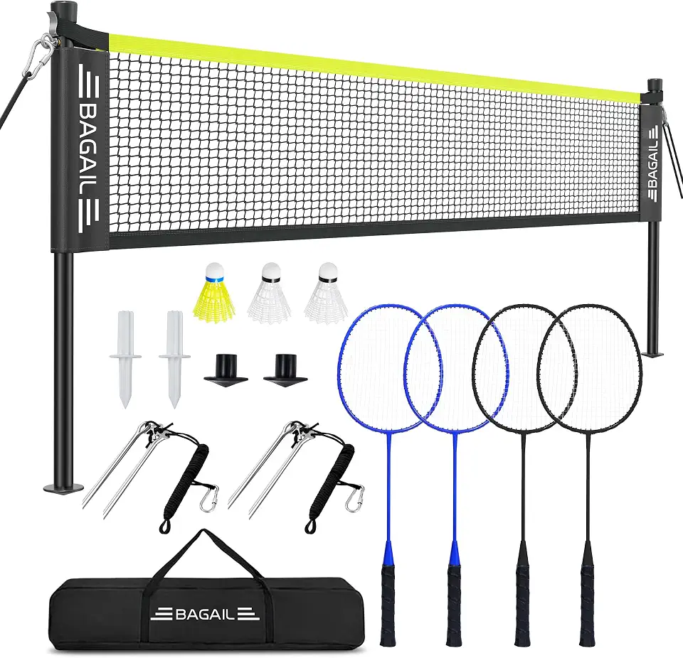 BAGAIL Juego de Bádminton para Exterior - Tamaño Oficial 20 pies x 5 pies, 4 Raquetas, 3 Pelotas de Bádminton, Red de PE Duradera y Bolsa de Transporte para Patio, Playa y Juegos Familiares