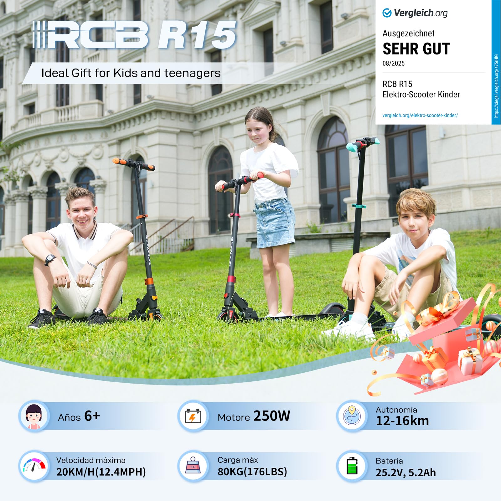 RCB R15 Patinete eléctrico Niños (8-12-16 años) - Máx.20 Km/h, Autonomía máxima 16 Km, Scooter Eléctrico Plegable para niños - Regalo para Adolescentes