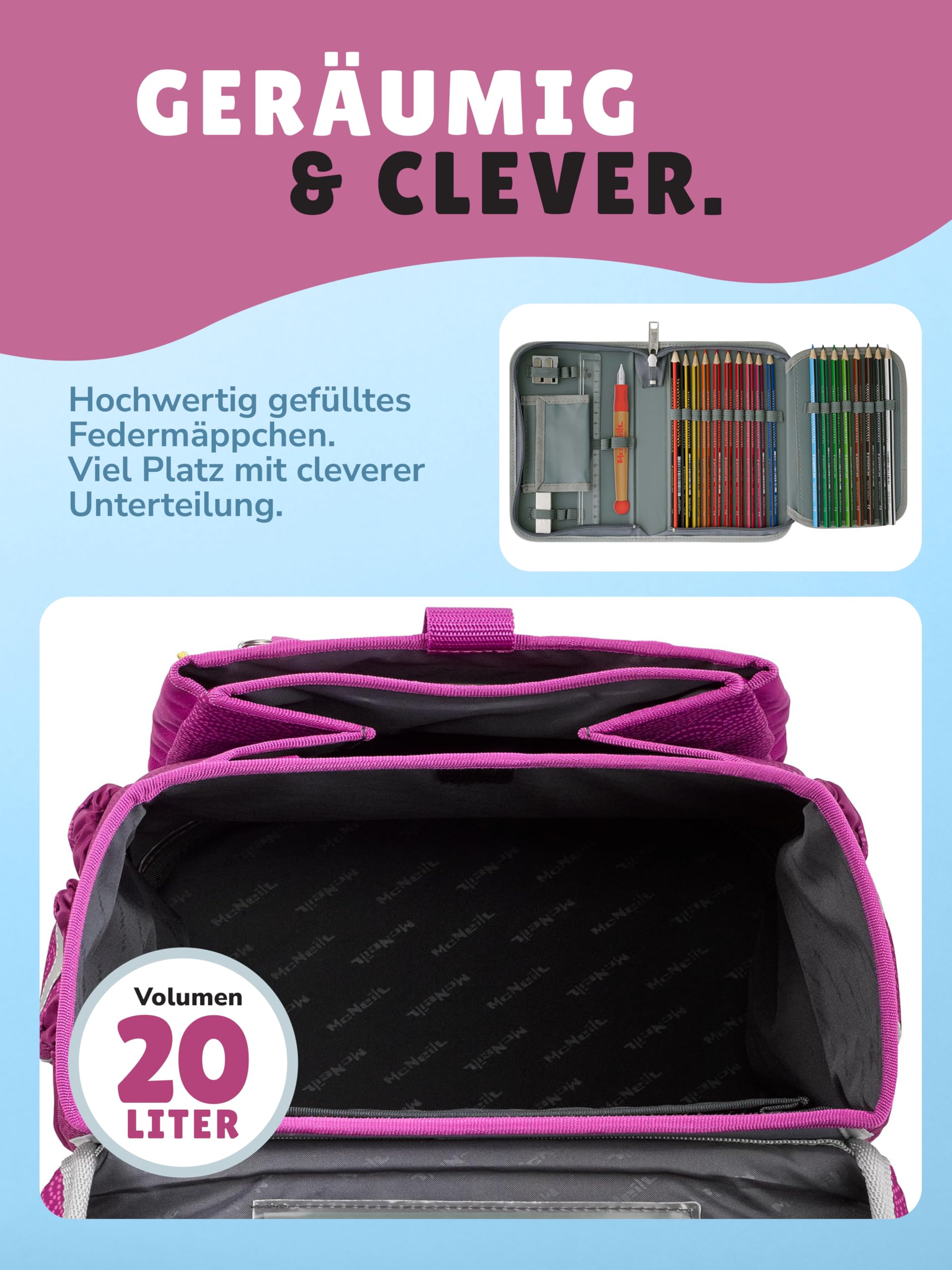 Familando - McNeill ERGO COMPLETE Schulranzen Set - 9-teilig mit Schultüte - Meerjungfrau - Ergonomisch & 3-fach verstellbar - 1150g leicht mit 20L Volumen & Reflektoren - aus recyceltem Ocean Plastic
