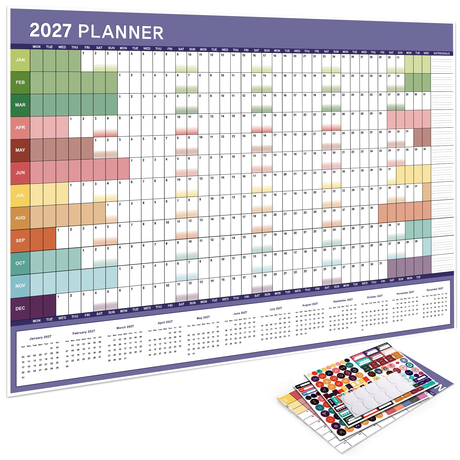 2027 Wall Yearly Planner Calendar with 4 Sticker Sheets, 74.2x52.5 cm