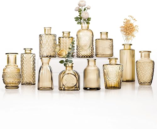 Mini Bud Vases As Wedding Centerpieces for Tables,Clear Bud Vases for Flowers,Small Flower Vases Suitable for Birthday Party,Anniversary,Wedding Reception,Baby Shower (Gold, 12PCS)
