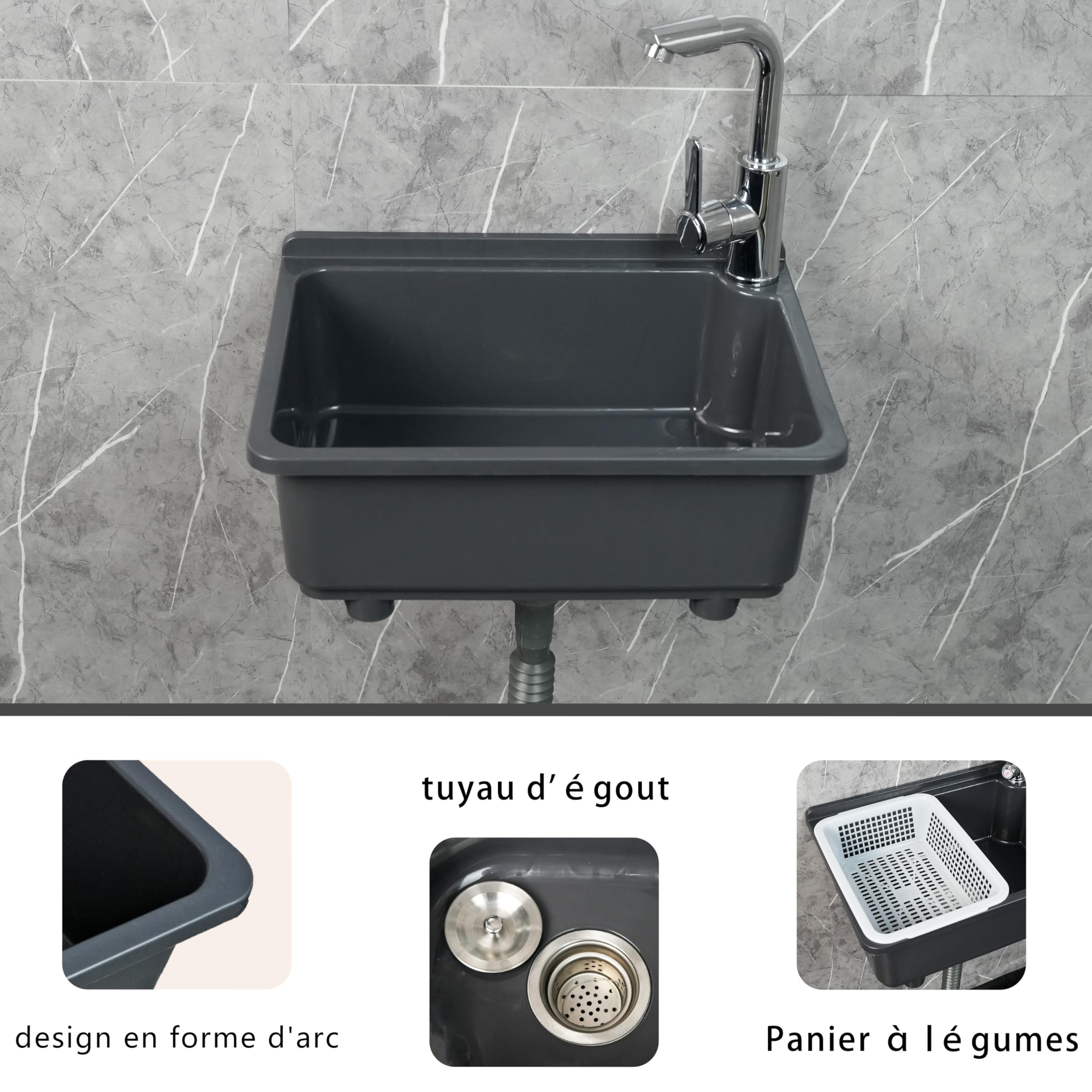 Évier de cuisine utilitaire à cuve unique de 42 x 32 cm avec trou de robinet de 3,2 cm, évier en plastique pour la maison, le restaurant, le dortoir, le garage, la salle de bain, la buanderie (gris