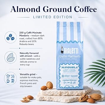 Bialetti Moka Express Aluminium Coffee Maker Set 3 Cups Turquoise with Almond Ground Coffee 250 g Almond Flavoured