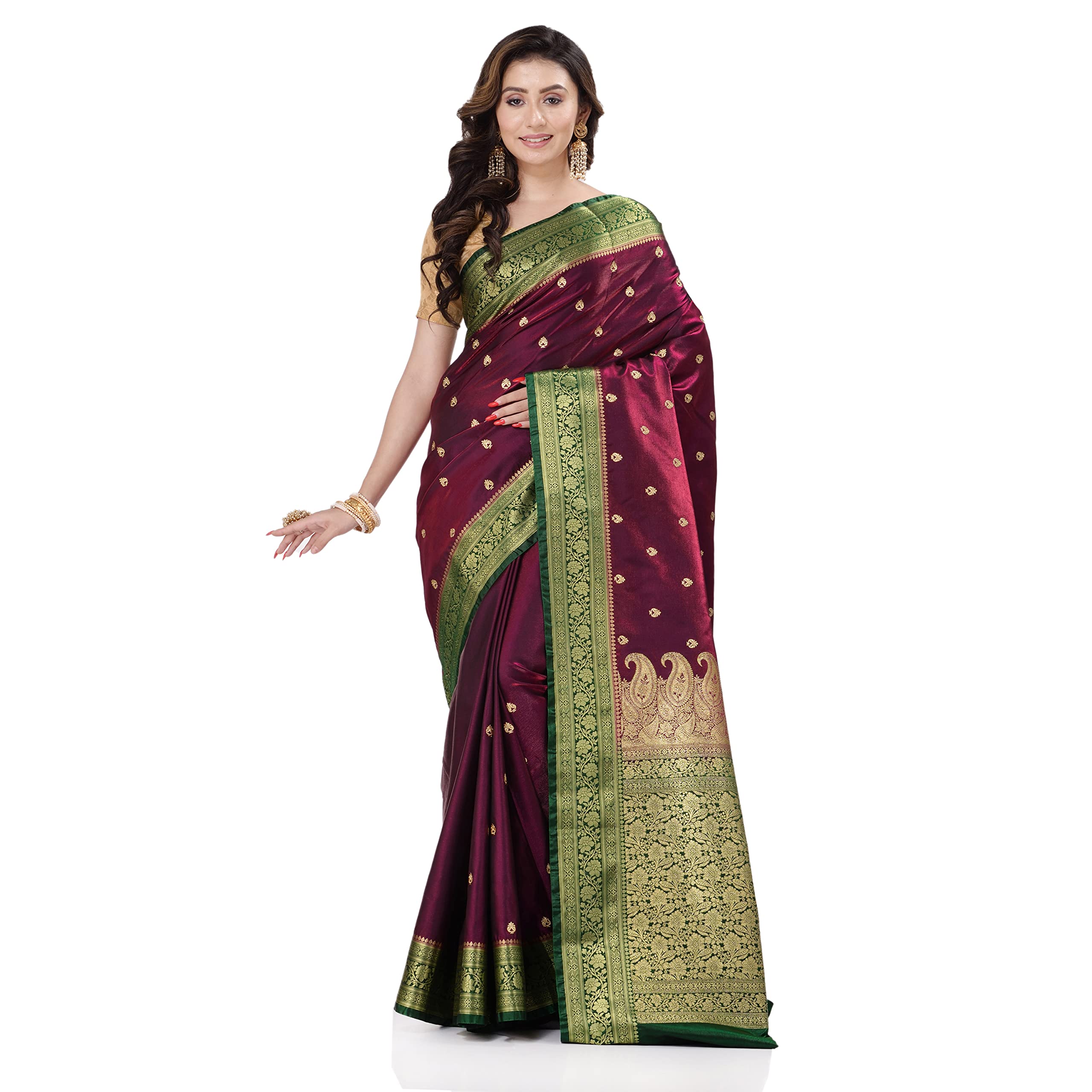 BANARASI PATOLA Women's Other Wine Satin Silk Solid Banarasi Saree With Beautiful Embroidery And Stone Work In Body And Border