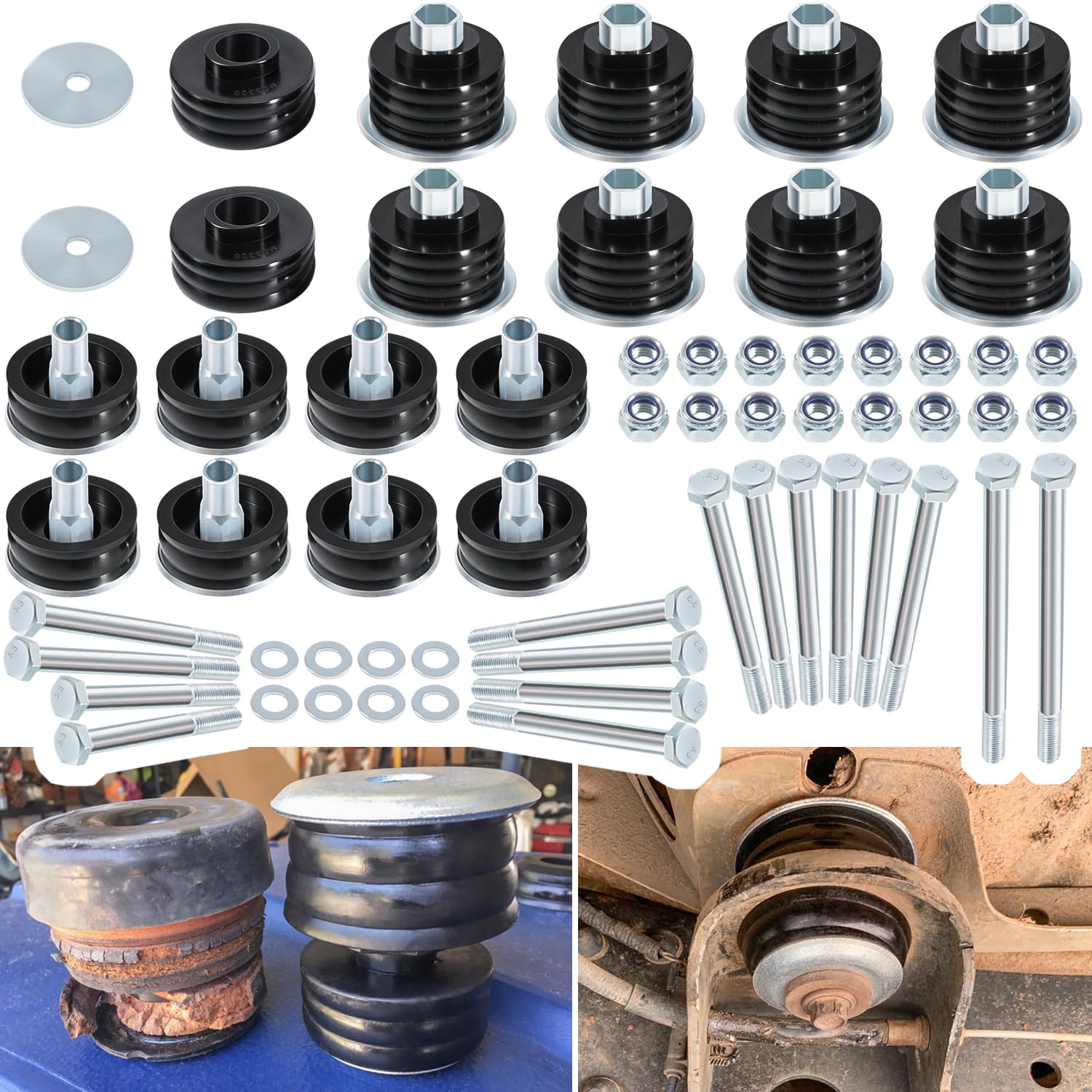 Photo 1 of KF04058BK Body Mount Bushing Kit for Ford F250 F350 Super Duty 1999-2007 2WD 4WD XL XLT Lariat King Ranch Harley-Davidson Edition Polyurethane Body Cab Mounts & Steel Sleeves & Hardware (Black)