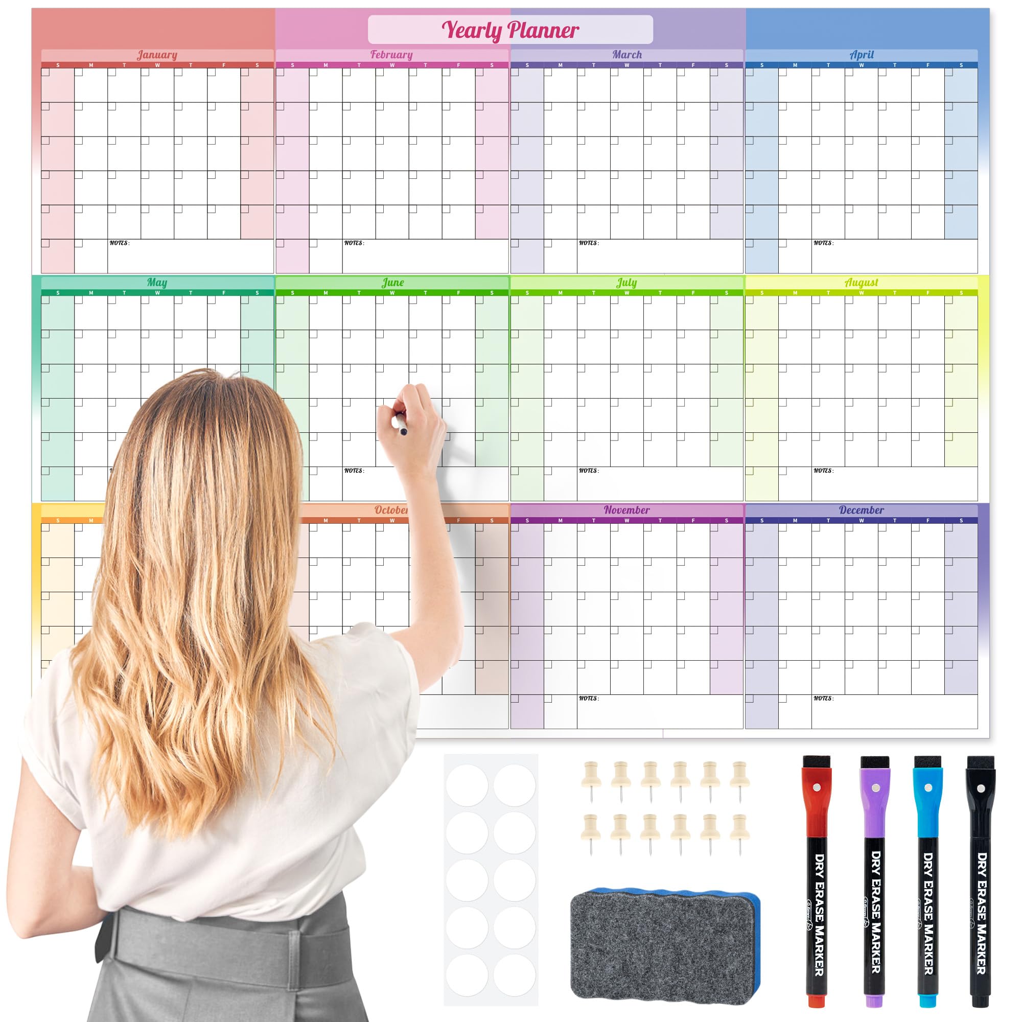 Ospelelf Undated Large Dry Erase Wall Calendar 12 Month Laminated 2026 Calendar 36.6'' x 48'' Yearly Monthly Family Calendar