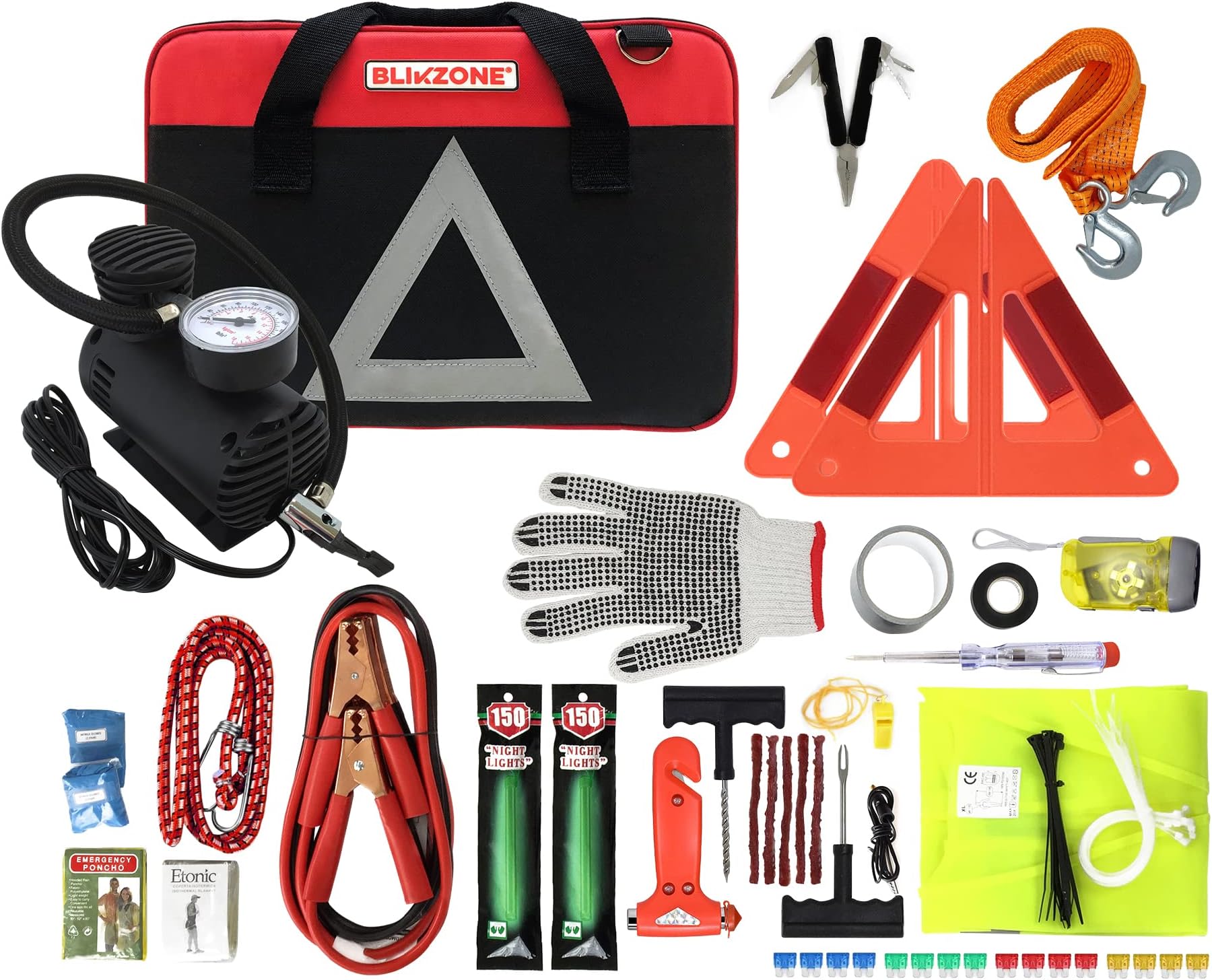 BLIKZONE Roadside Emergency car kit Classic. 81 Pc Emergency car kit: Portable Air Compressor, Jumper Cables, Tire Repair Kit and All The Essential Tools, car Accessories and Stuff to Drive Safe