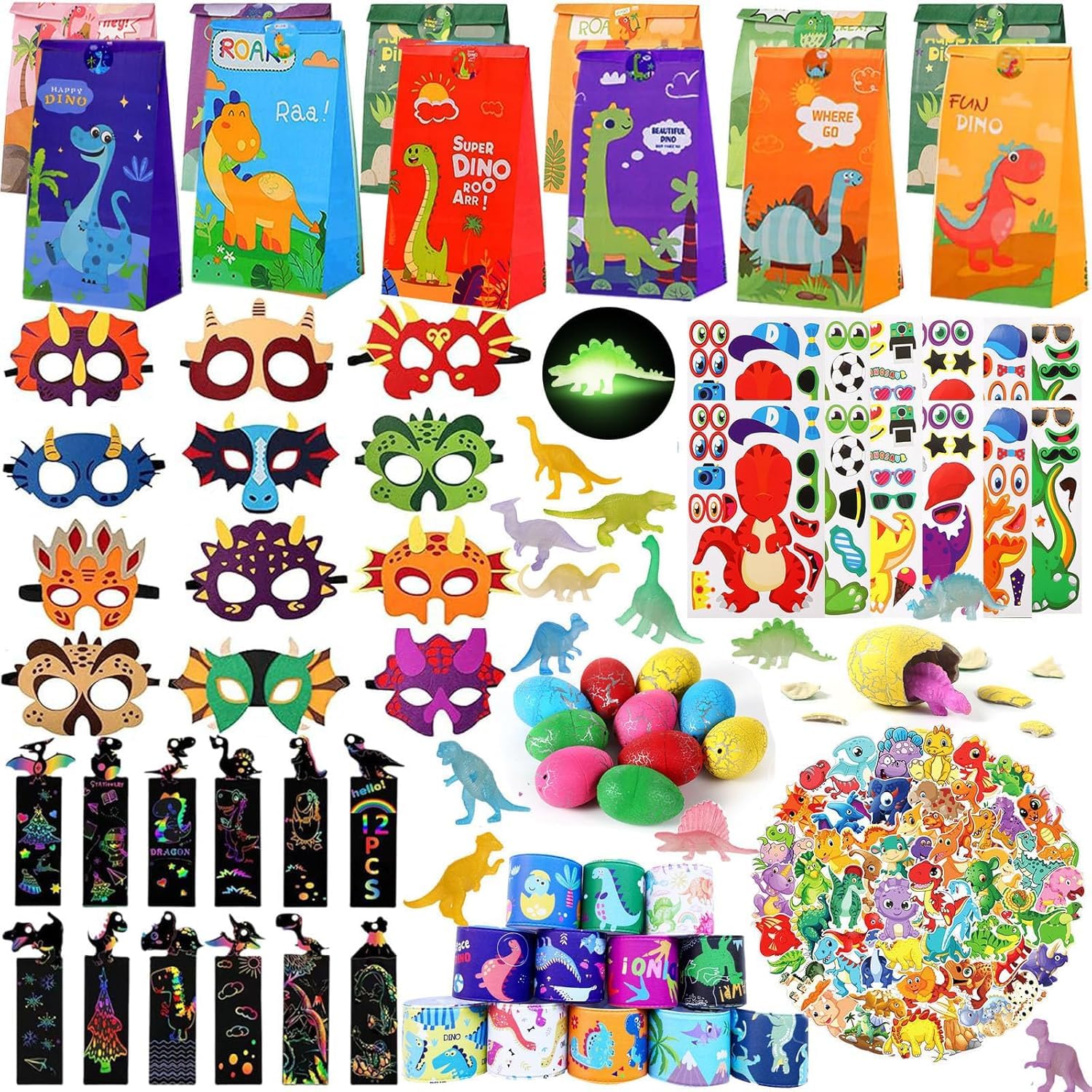 52PCS Party Bag Fillers for Kids, Kids' Party Favours 16 Stickers 12 Paper Party Bags 12 Keyrings 12 Snap Bands for Childrens Bag Fillers Stocking Fillers for Boys Girls