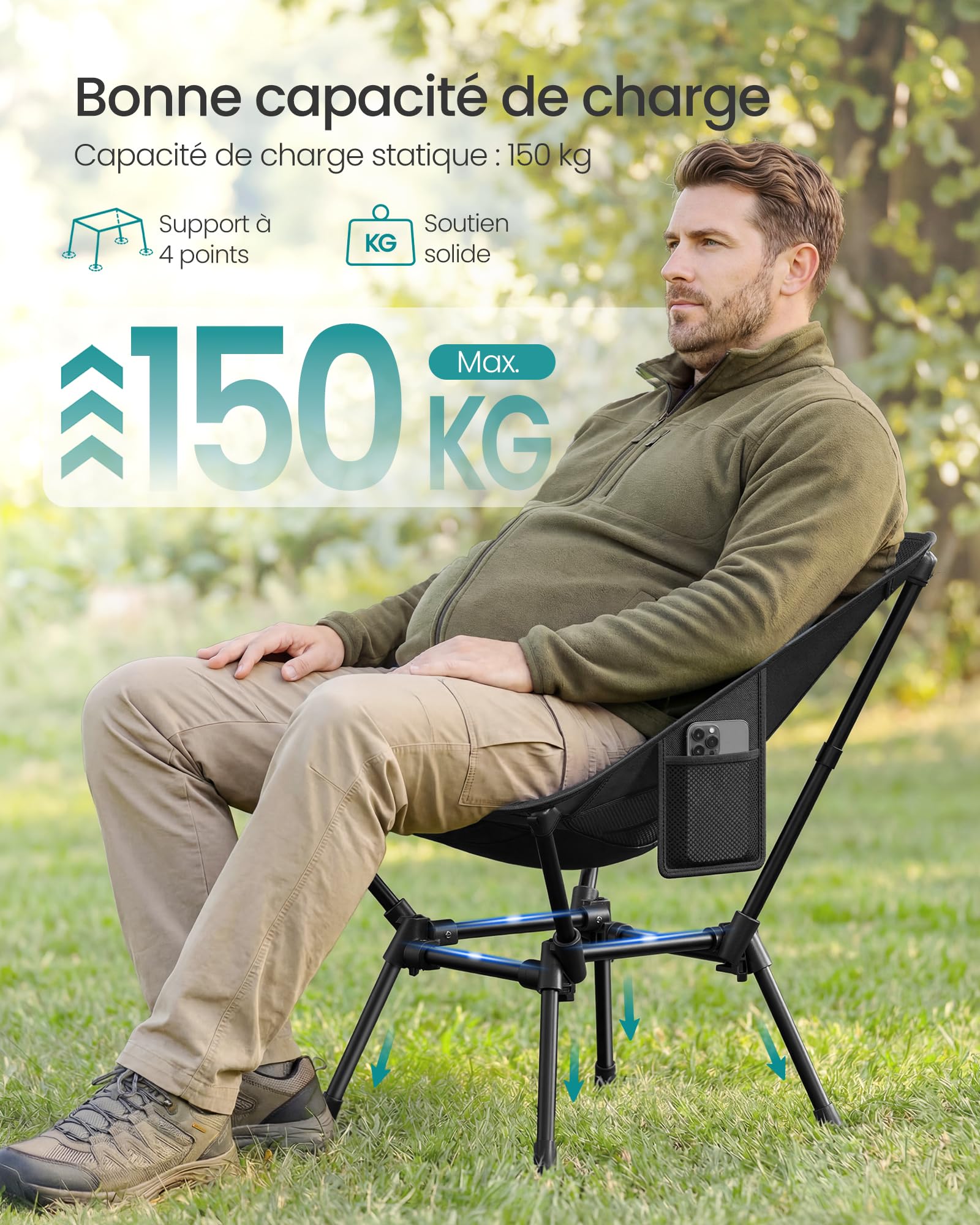 SONGMICS Chaises de Camping, Chaises de Plage Pliantes Hauteur Réglable, Structure en Acier, Supporte 150 kg, 2 Poches de Rangement par Siège, pour Voyages, Lot de 2, Noir GCB052BZ01