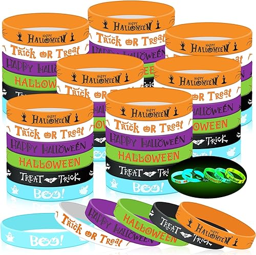 48 pulseras de silicona luminosas de Halloween, pulseras con patrones de calabaza que brillan en la oscuridad para Halloween, regalos de truco o