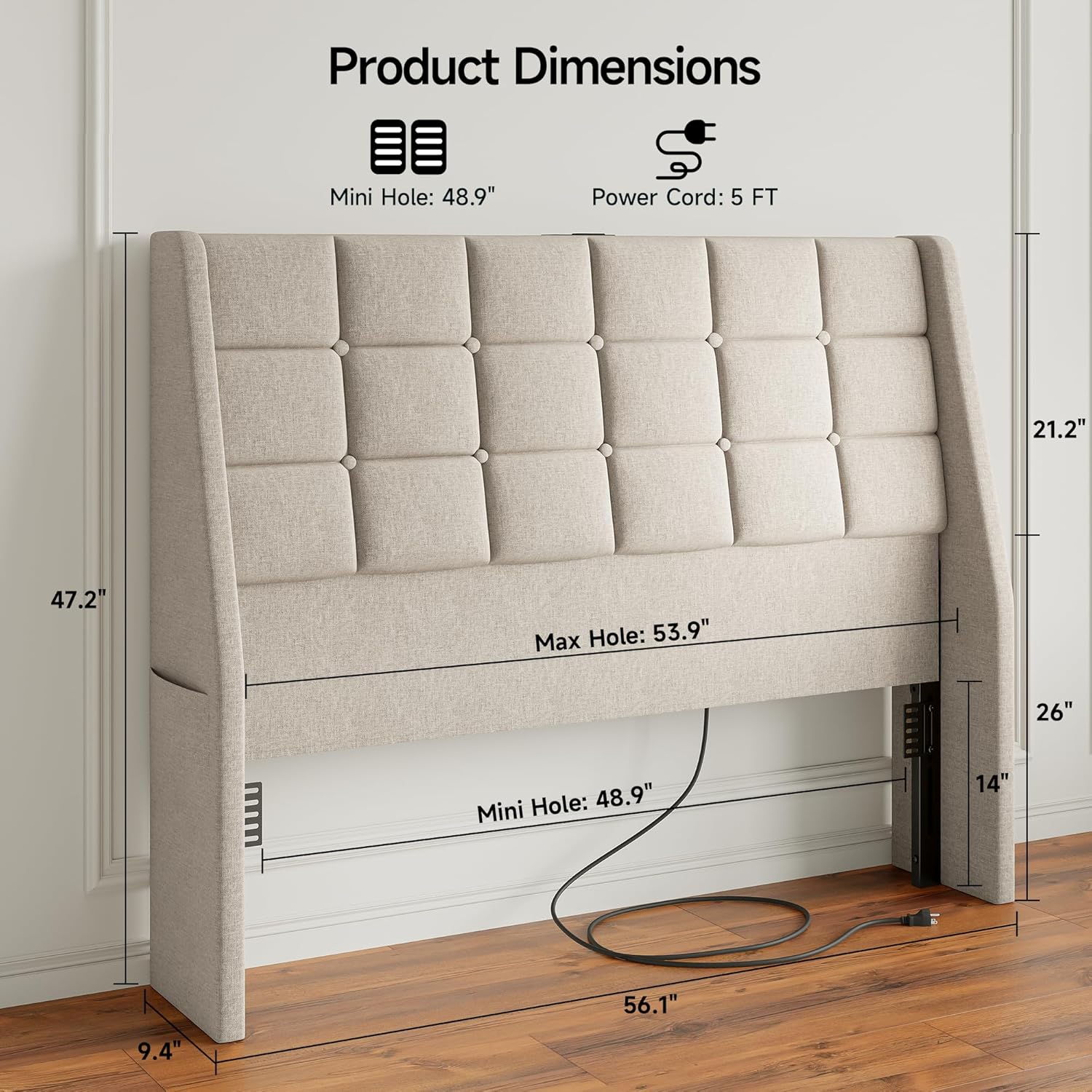 Full Size Headboard with Charging Station, Ergonomic Upholstered Linen Headboards Only, Wingback Wood Bed Head Board with Storage Pocket, Bed Frame Adapters, White Beige
