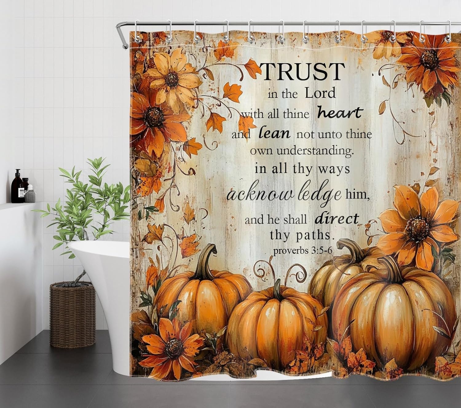 EOBTAIN Fall Pumpkin Shower Curtain Set Rustic Vintage Floral and Orange Plant Bathroom Curtains Shower Set Inspirational Bible Verse 72x72 Washable Fabric Bath Curtain with 24x16 Bathroom Rugs Decor