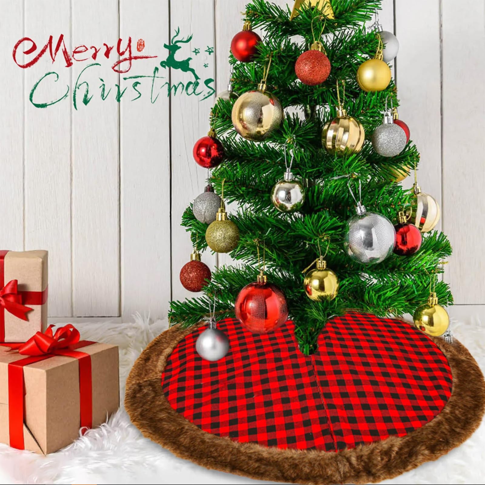 Gonna per albero di Natale, 122 cm, motivo scozzese di bufalo rosso e nero, con tela, decorazione per albero di Natale, include tappetino per albero di Natale, Capodanno, ornamento per albero