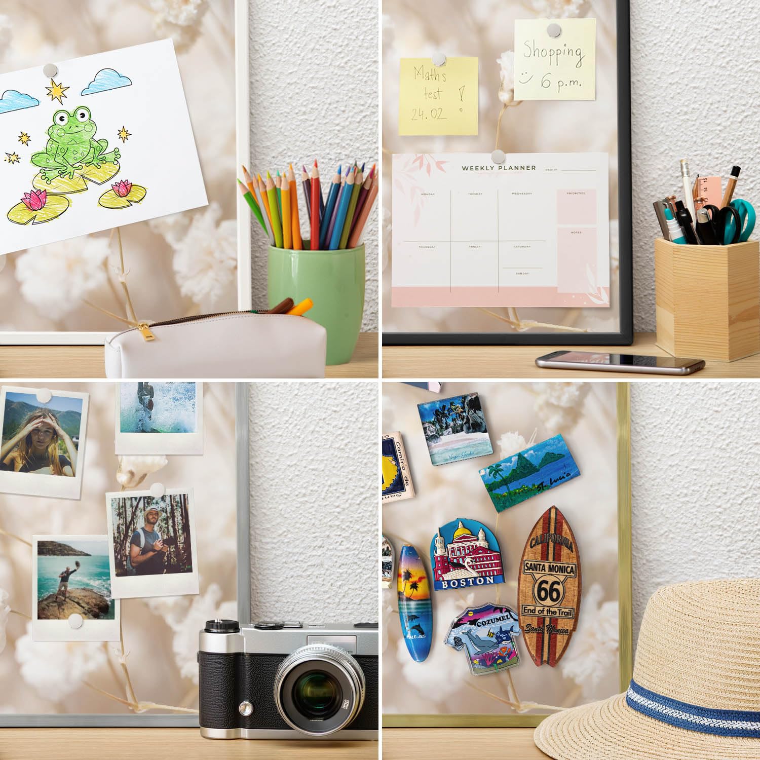 Pizarra Magnética de Pared 60x40 cm | con Marco Dorado | Flores Beige | Montaje Fácil | Tablero Imantado | Para Imanes Turísticos, Recuerdos de Viaje y Fotos