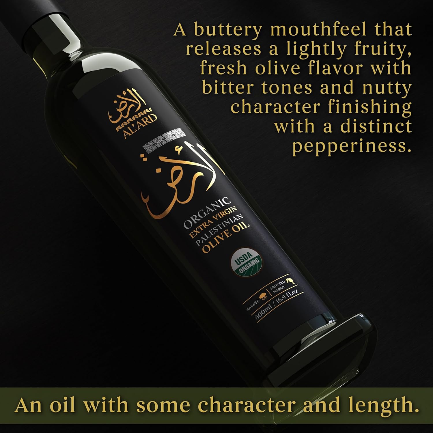 Al'Ard Palestinian Organic Extra Virgin Olive Oil, 500ml Cold Pressed Olive Oil from Palestine, Certified Organic EVOO, 16.9 Fl Oz Premium Glass Bottle