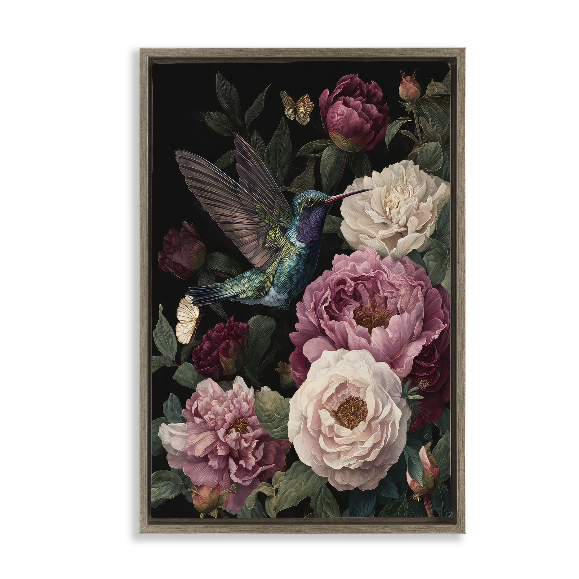 'Hummingbird & Lush Peonies'| Floating Frame Canvas Art