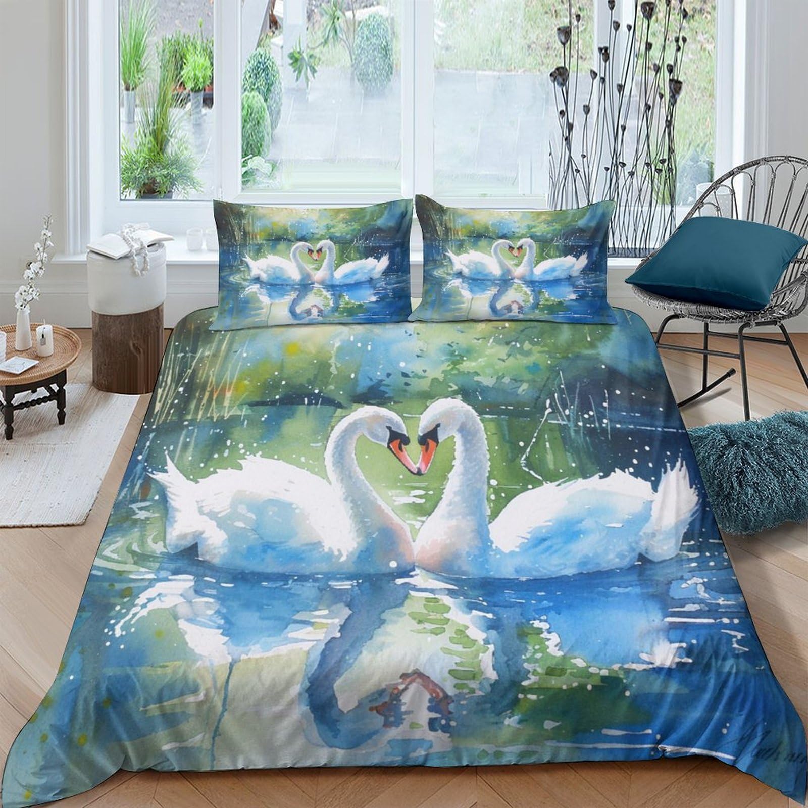 Ctjqhvkz Style-3 3D Printed Swan Lake Fitted Sheet Microfiber Soft Anti-Slip Romantic Heart Reflection Mattress Cover Bedroom Decor Single（135X200cm）